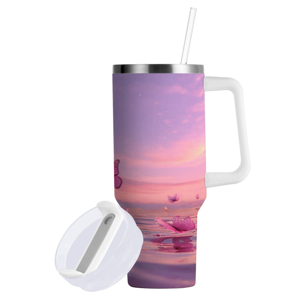 30 oz Insulated Stainless Steel Tumbler Double Wall Stainless Steel Tumbler with 2-Way Drinking Pink Butterflies Flying M492U