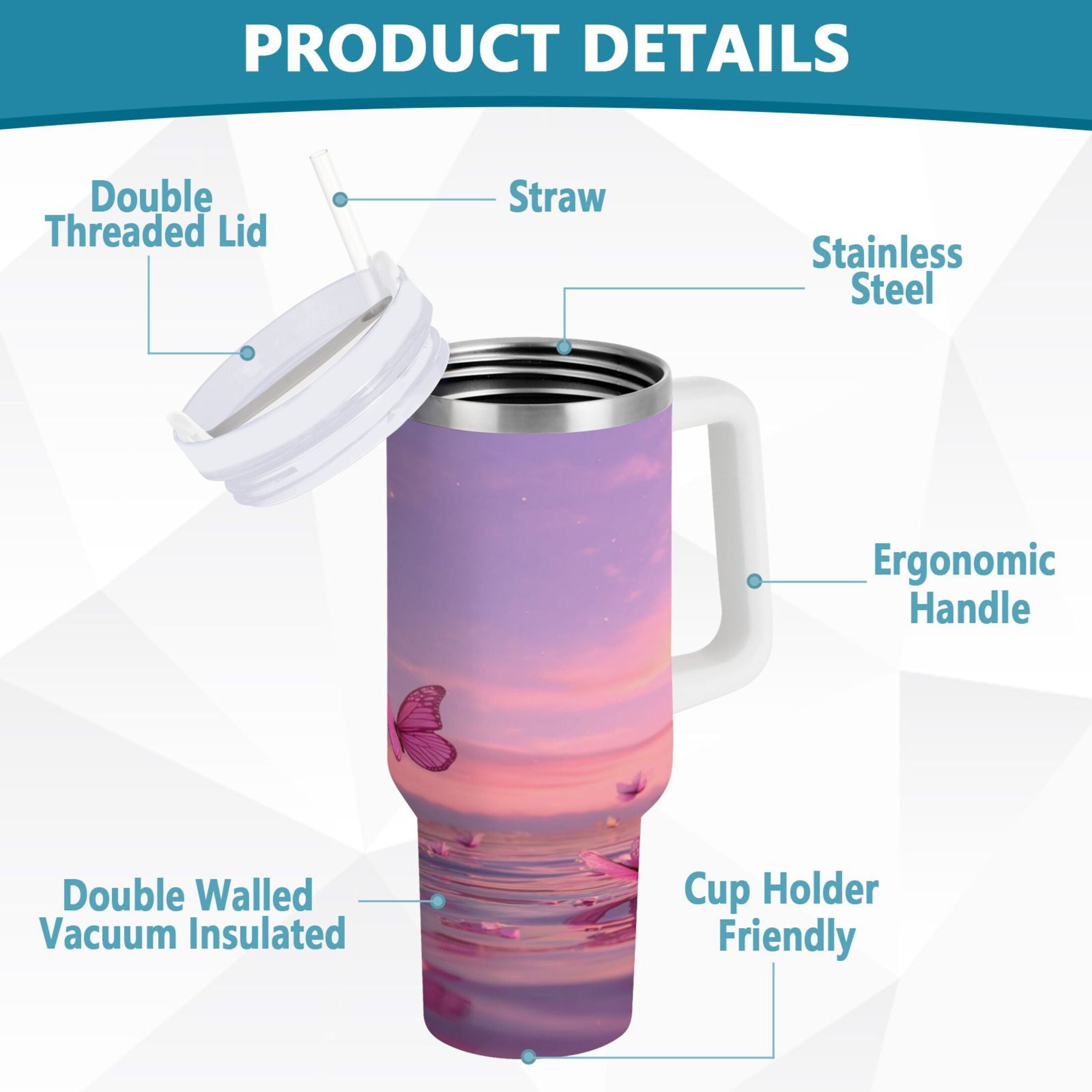 30 oz Insulated Stainless Steel Tumbler Double Wall Stainless Steel Tumbler with 2-Way Drinking Pink Butterflies Flying M492U