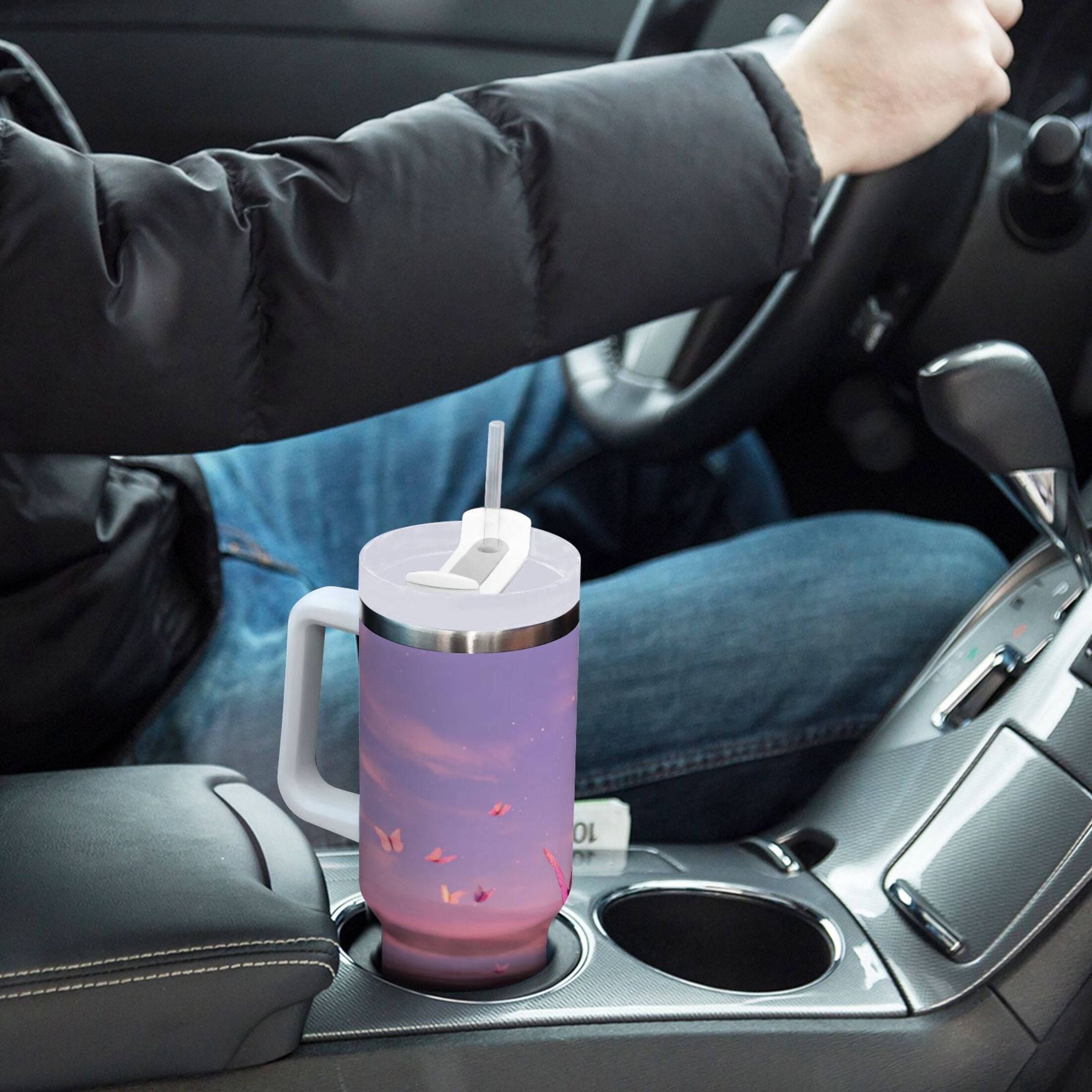 30 oz Insulated Stainless Steel Tumbler Double Wall Stainless Steel Tumbler with 2-Way Drinking Pink Butterflies Flying M492U