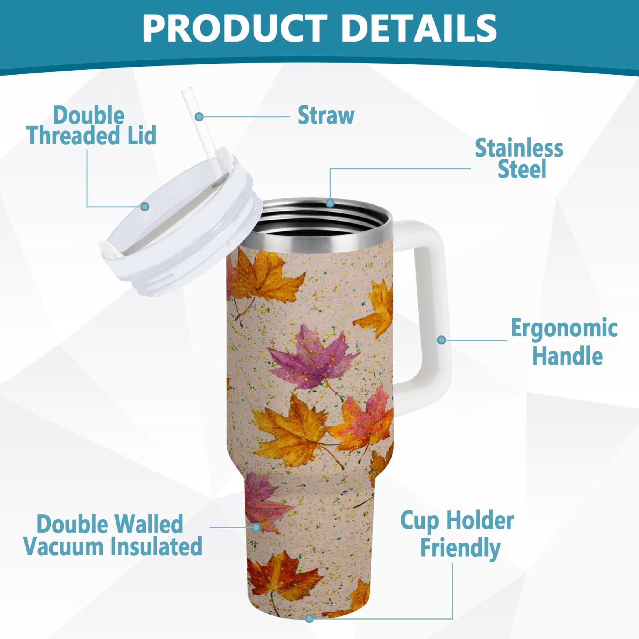 40 oz Insulated Stainless Steel Tumbler Double Wall Stainless Steel Tumbler with 2-Way Drinking Colored Autumn Leaves M452M