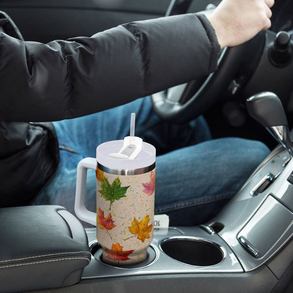 40 oz Insulated Stainless Steel Tumbler Double Wall Stainless Steel Tumbler with 2-Way Drinking Colored Autumn Leaves M452M
