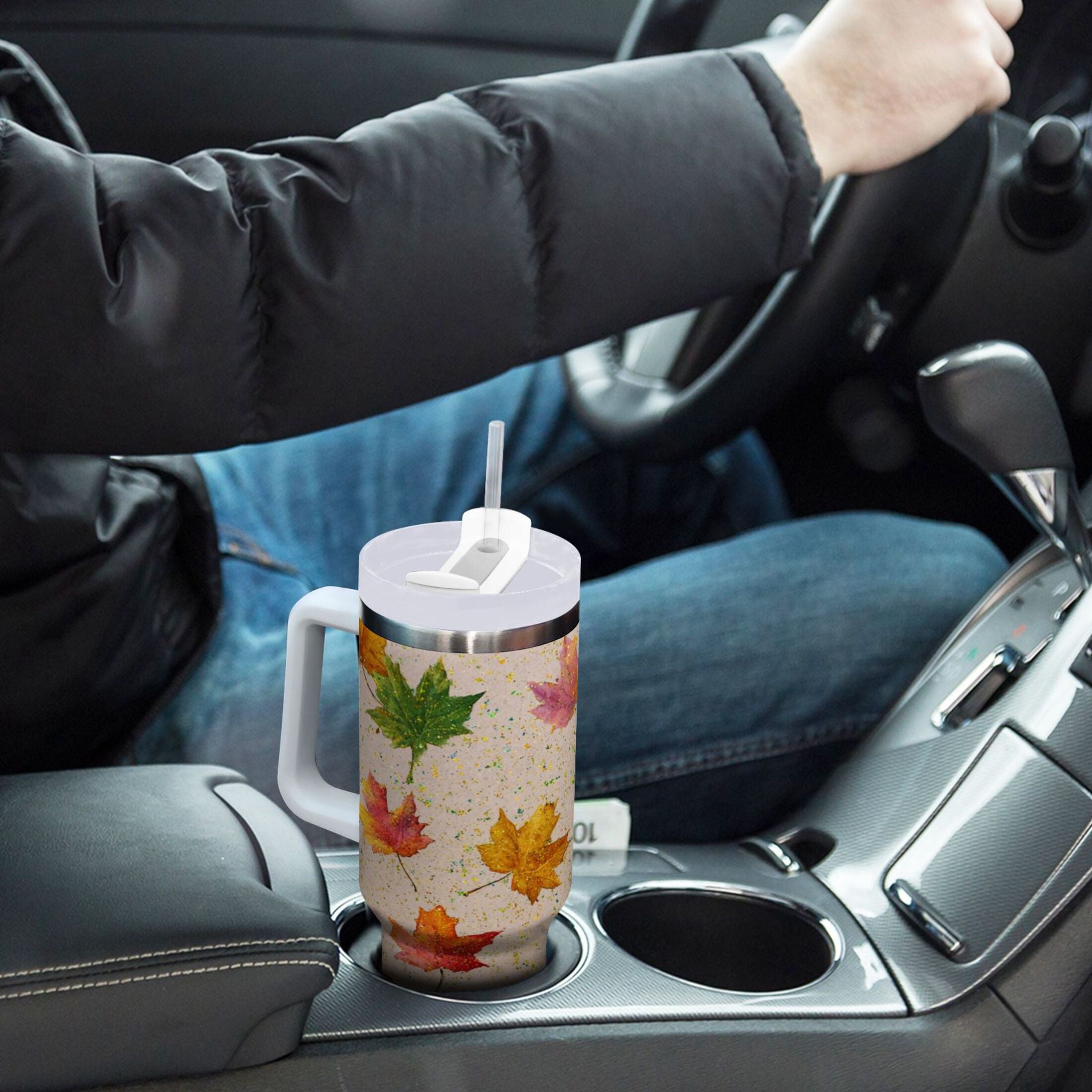 40 oz Insulated Stainless Steel Tumbler Double Wall Stainless Steel Tumbler with 2-Way Drinking Colored Autumn Leaves M452M