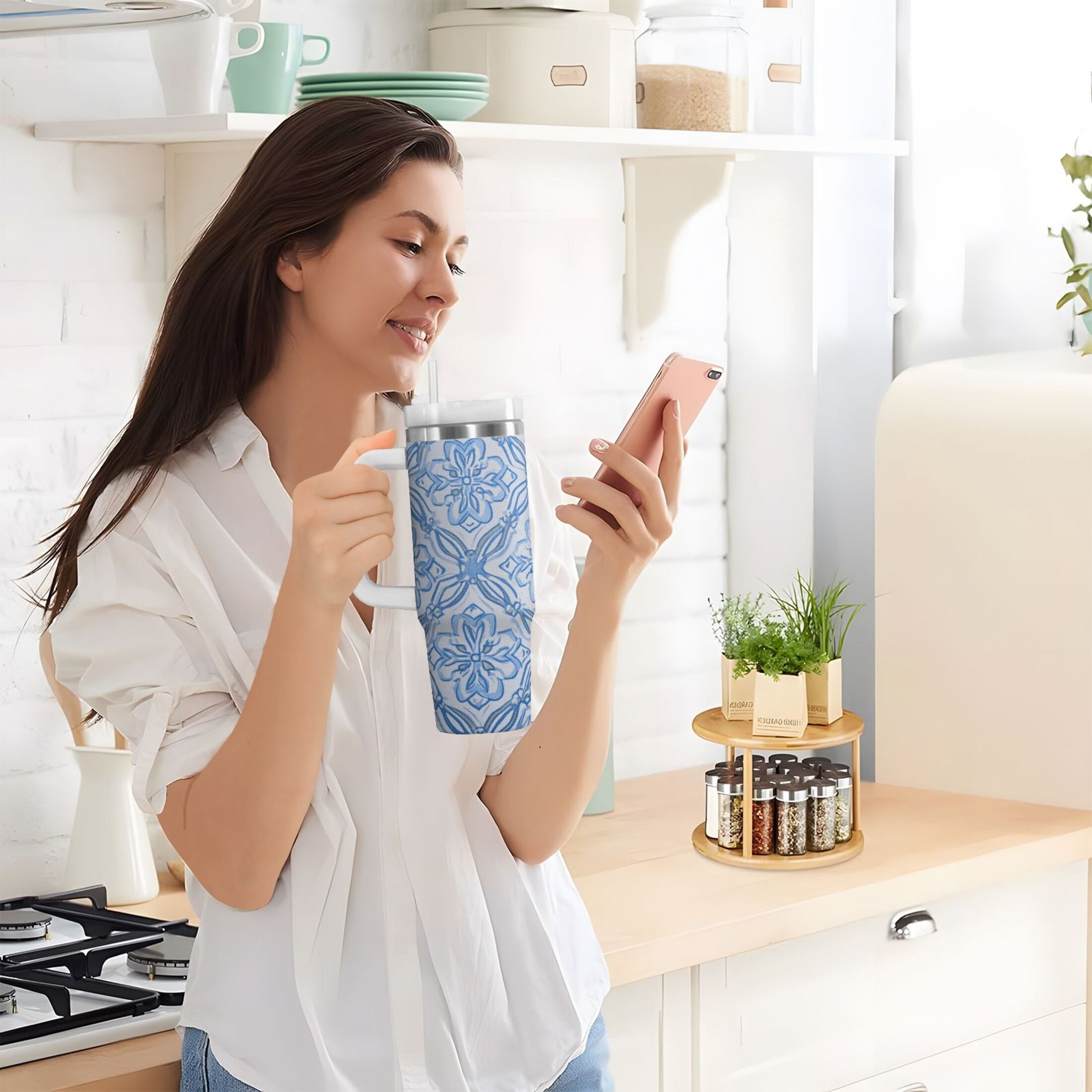 30 oz Insulated Stainless Steel Tumbler Double Wall Stainless Steel Tumbler with 2-Way Drinking Blue Elegant Geometric Design M623L