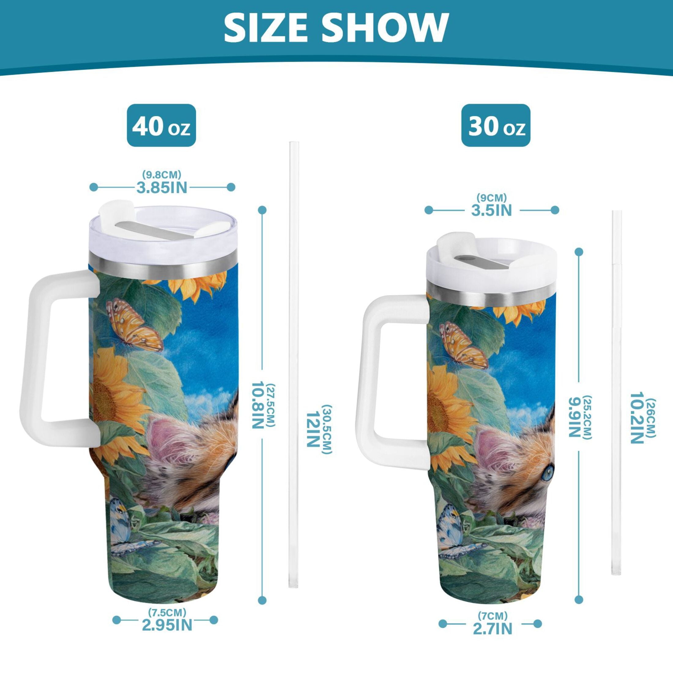 40 oz Insulated Stainless Steel Tumbler Double Wall Stainless Steel Tumbler with 2-Way Drinking Playful Cat Lying Sunflowers M549Y