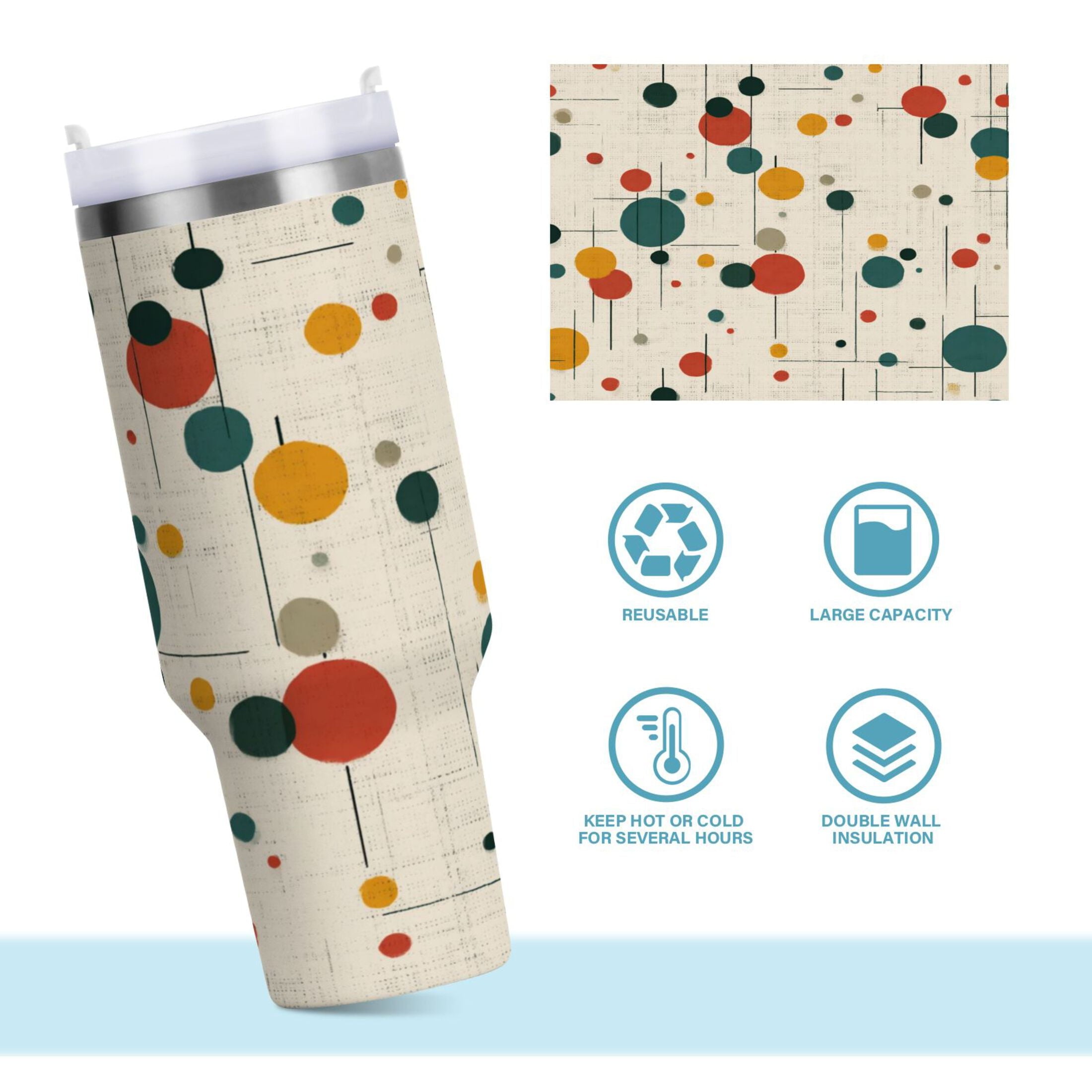 30 oz Insulated Stainless Steel Tumbler Double Wall Stainless Steel Tumbler with 2-Way Drinking Colorful Dots and Lines M646C