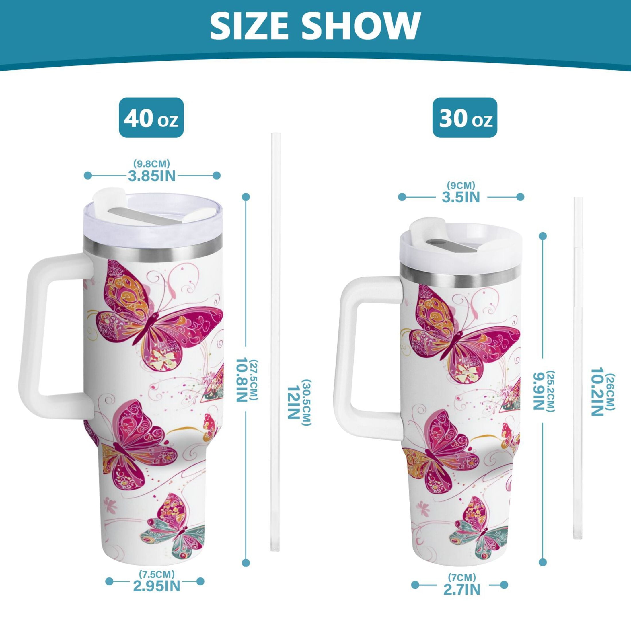 30 oz Insulated Stainless Steel Tumbler Double Wall Stainless Steel Tumbler with 2-Way Drinking Colorful Butterflies M605A