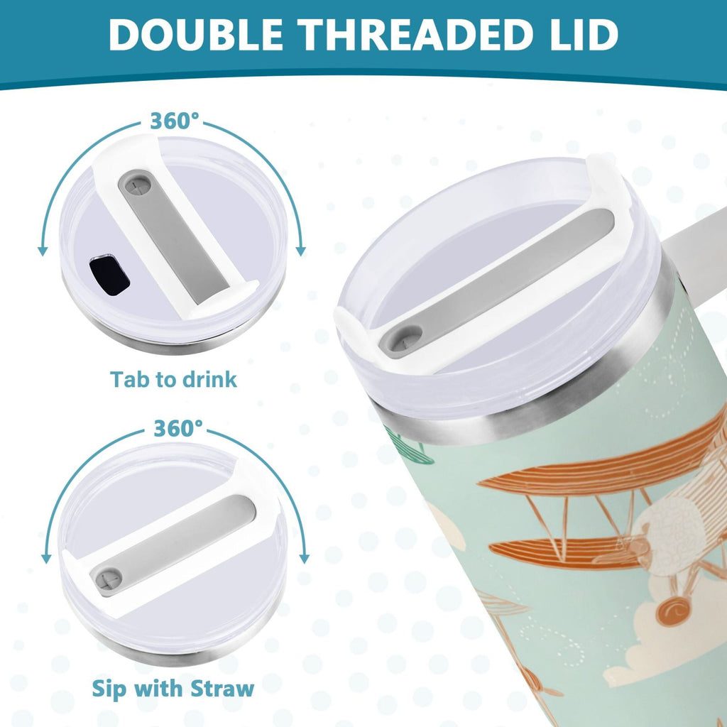 40 oz Insulated Stainless Steel Tumbler Double Wall Stainless Steel Tumbler with 2-Way Drinking Cute Airplanes M647W