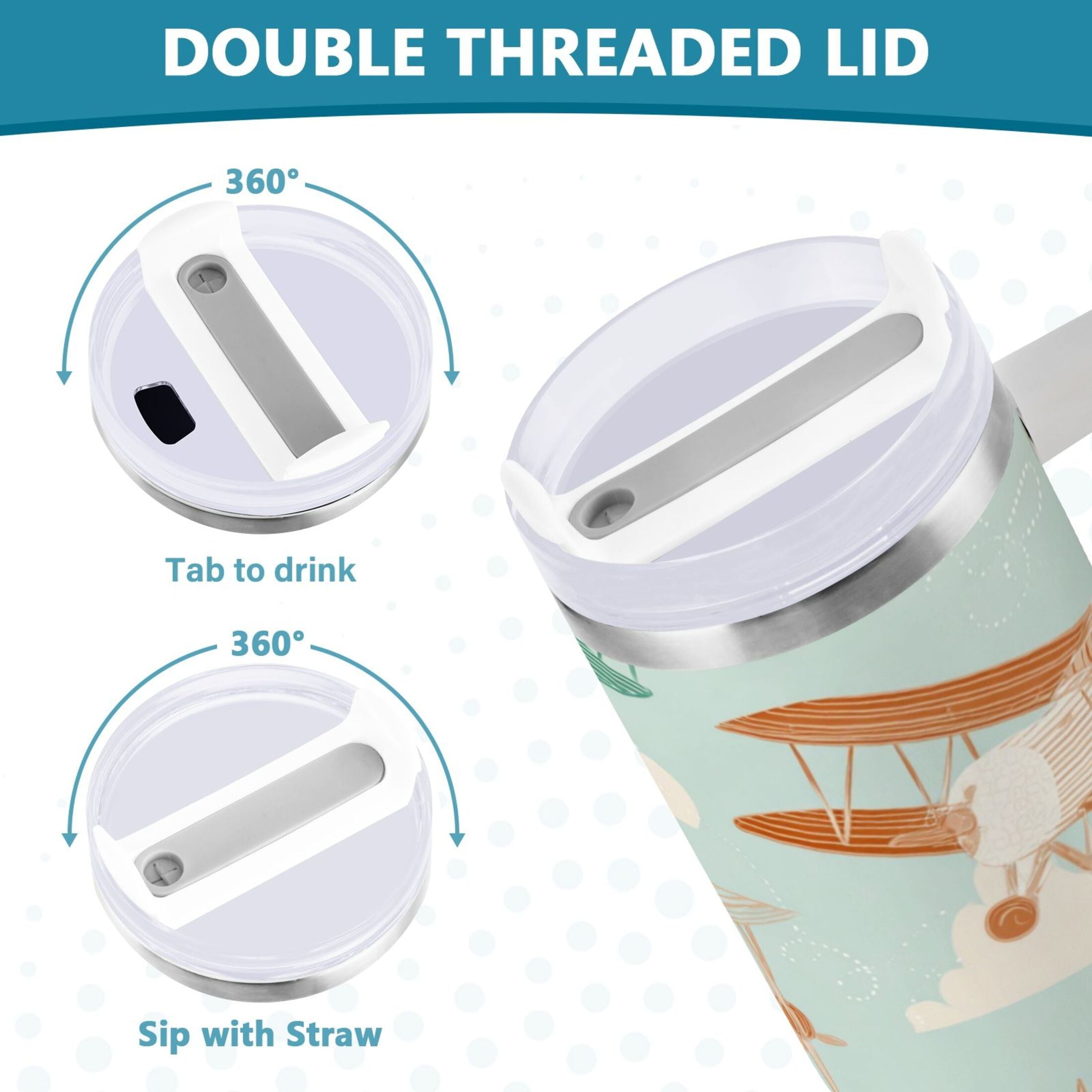 40 oz Insulated Stainless Steel Tumbler Double Wall Stainless Steel Tumbler with 2-Way Drinking Cute Airplanes M647W
