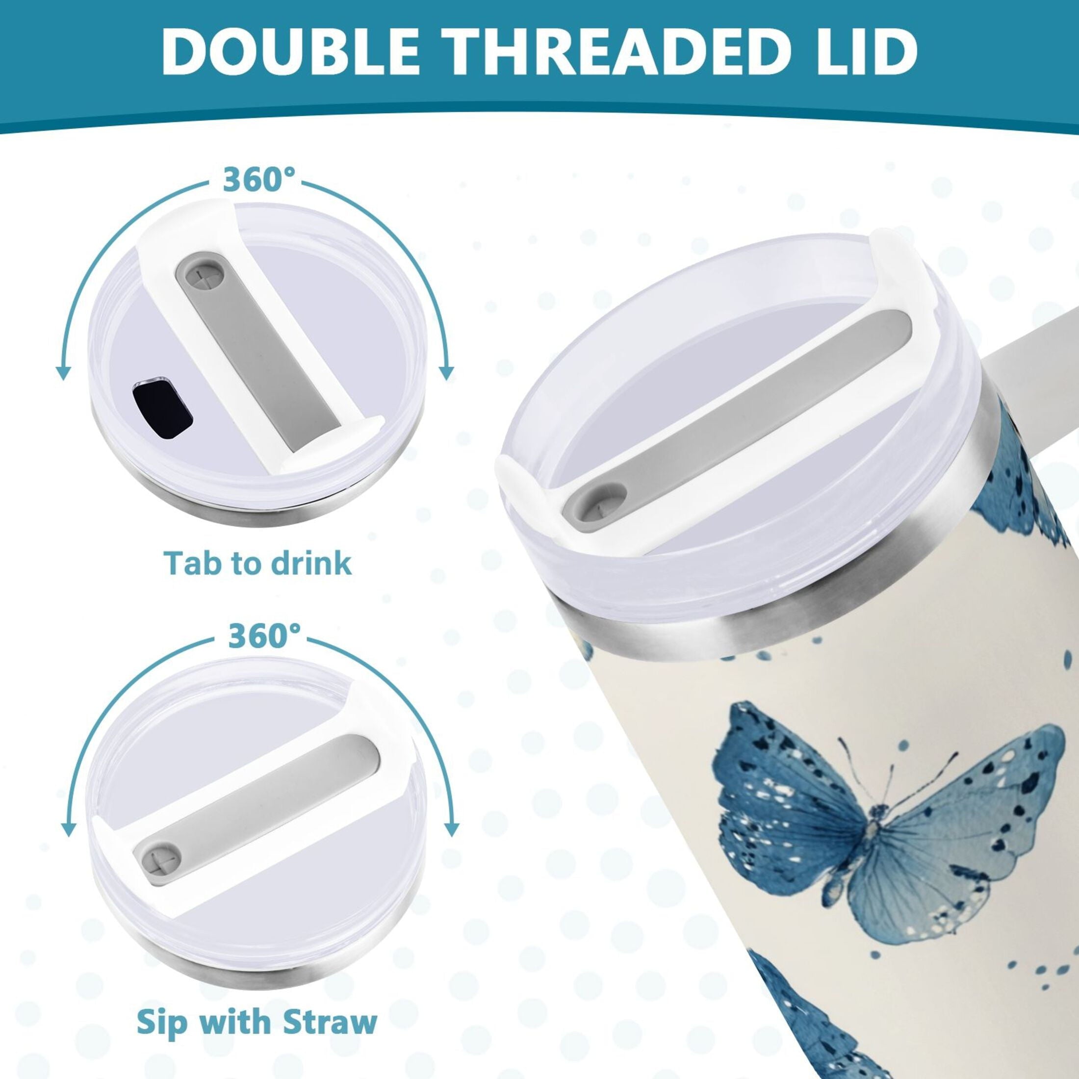 30 oz Insulated Stainless Steel Tumbler Double Wall Stainless Steel Tumbler with 2-Way Drinking Blue Watercolor Butterflies M572Q