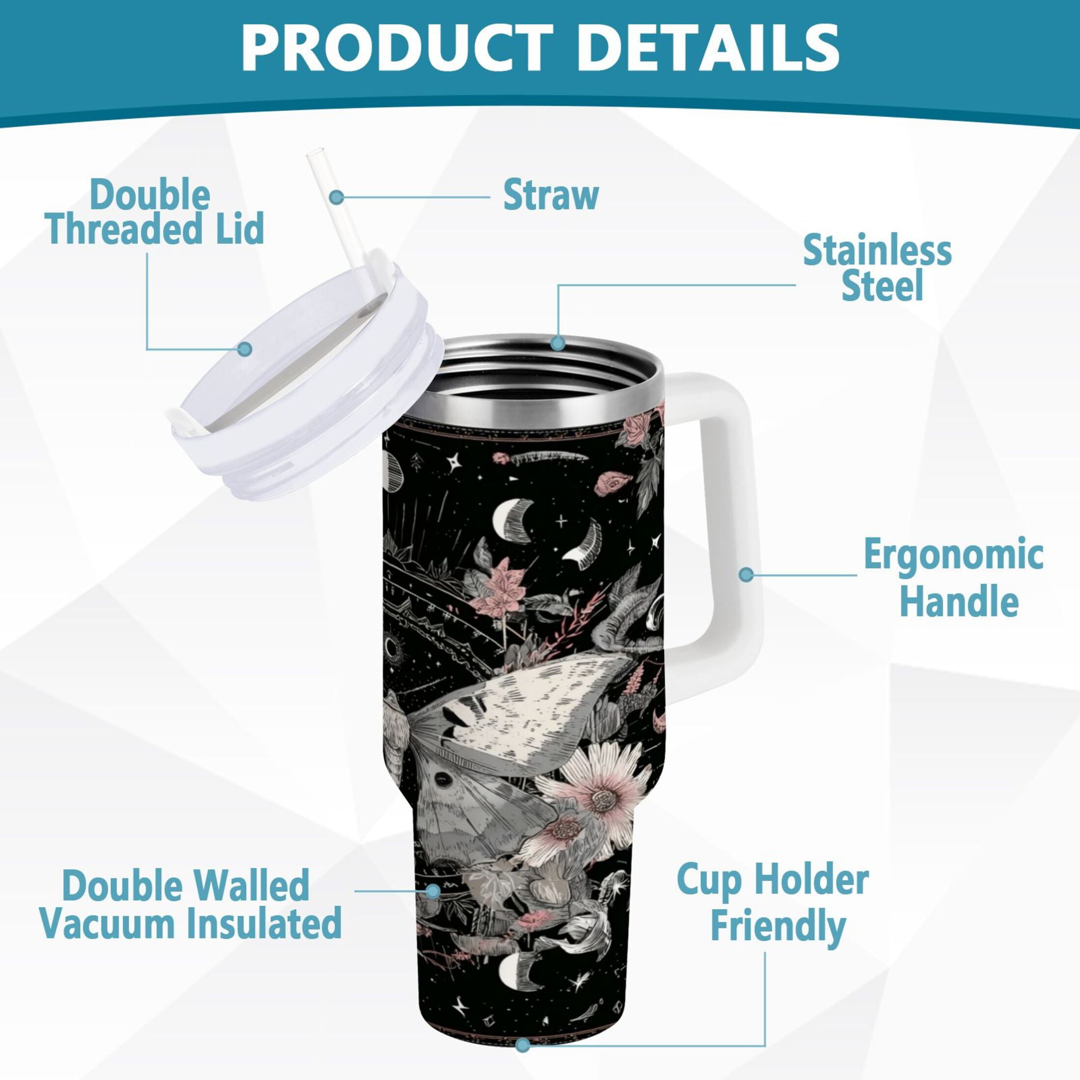 40 oz Insulated Stainless Steel Tumbler Double Wall Stainless Steel Tumbler with 2-Way Drinking Butterfly Surrounded by Flowers M640X