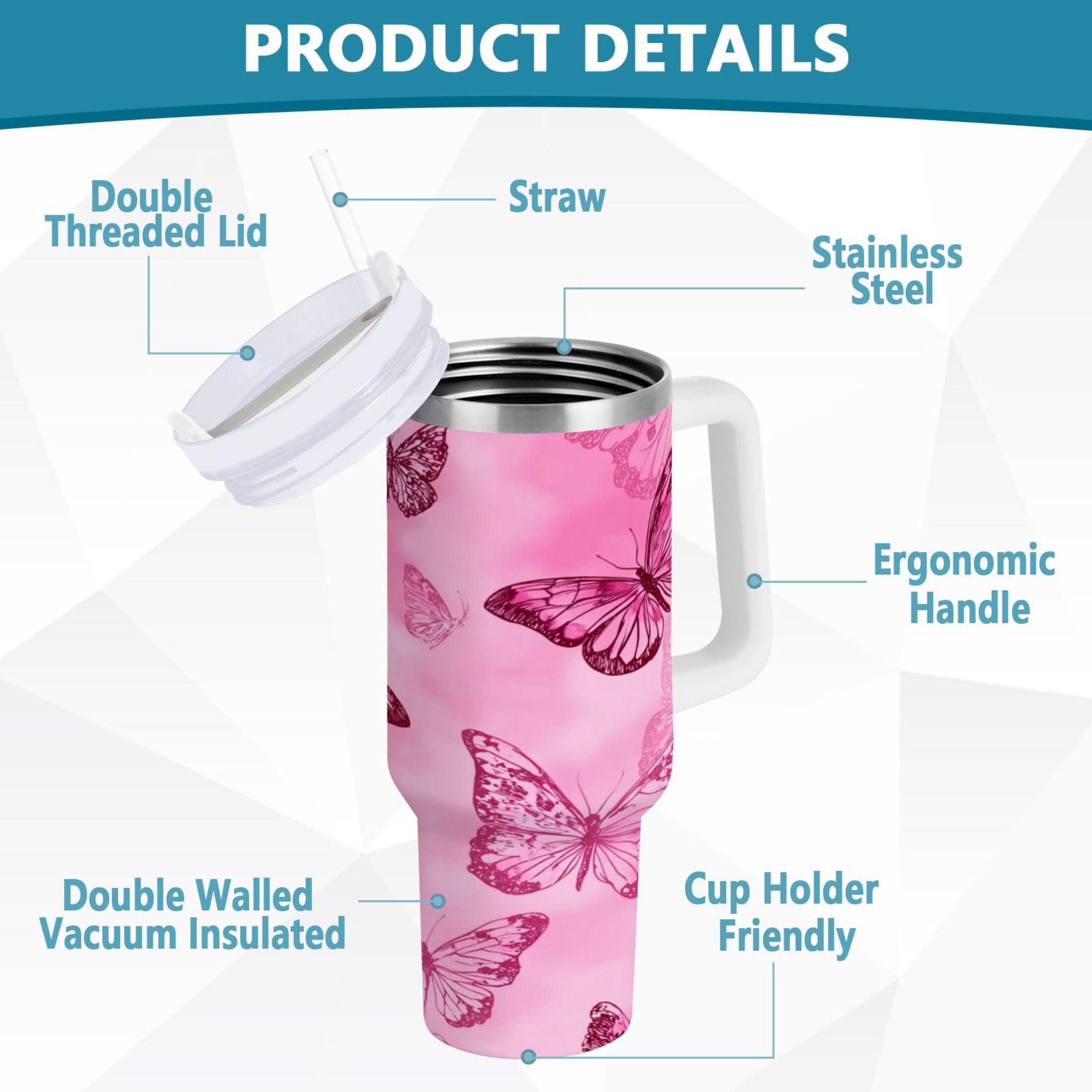 40 oz Insulated Stainless Steel Tumbler Double Wall Stainless Steel Tumbler with 2-Way Drinking Pink Butterfly Pattern M629F