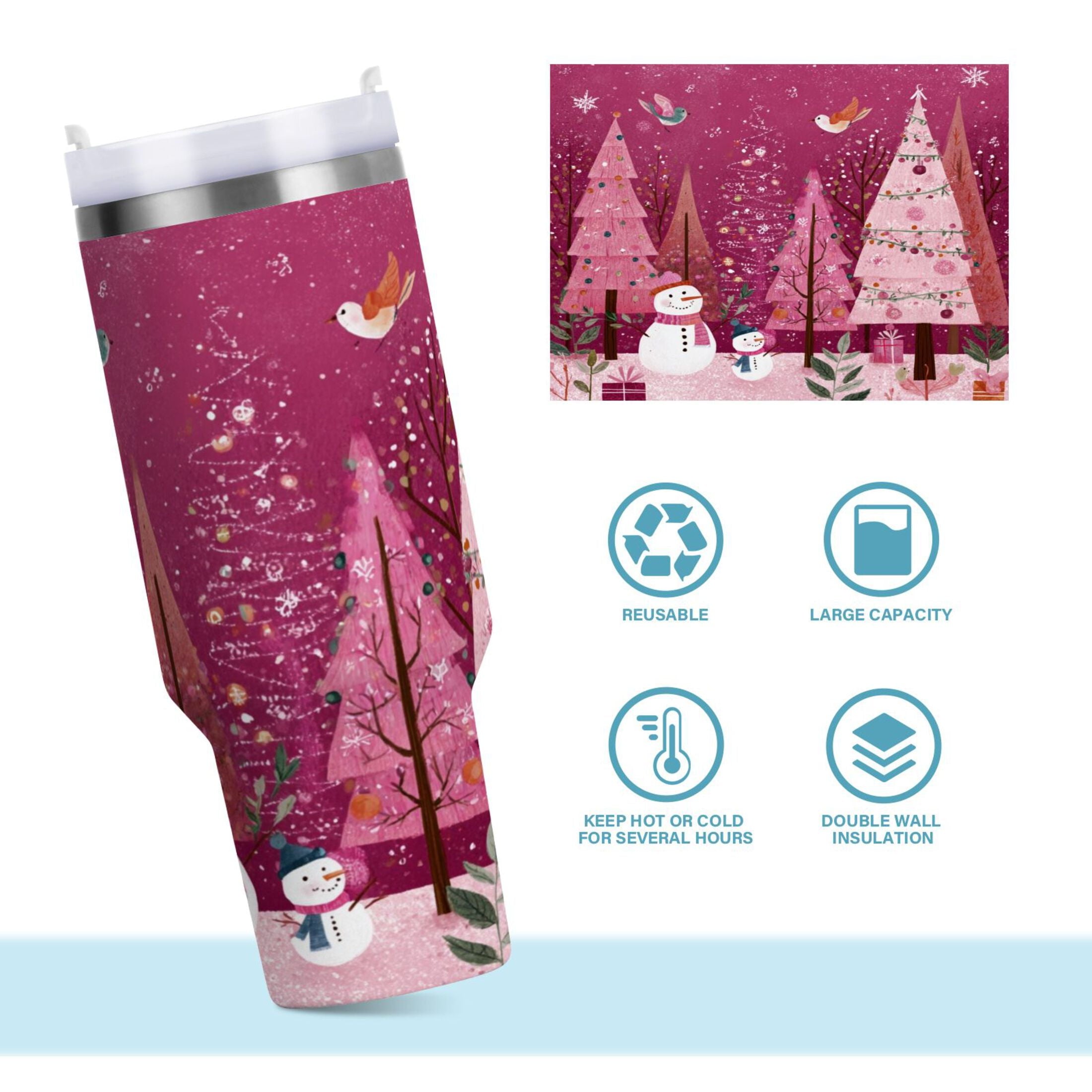 40 oz Insulated Stainless Steel Tumbler Double Wall Stainless Steel Tumbler with 2-Way Drinking Pink Christmas Forest M512P