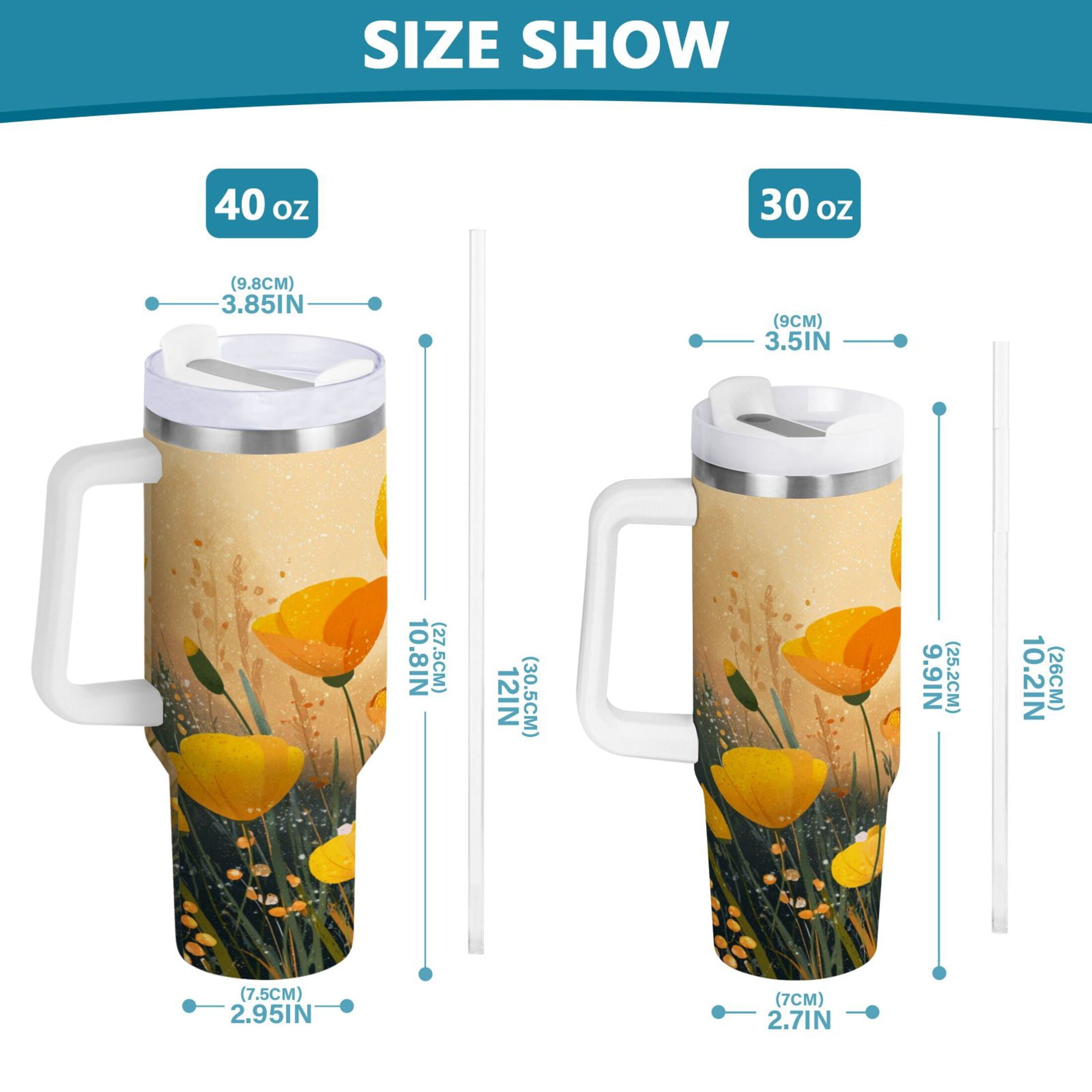 30 oz Insulated Stainless Steel Tumbler Double Wall Stainless Steel Tumbler with 2-Way Drinking Yellow Flowers on The Grass M594N