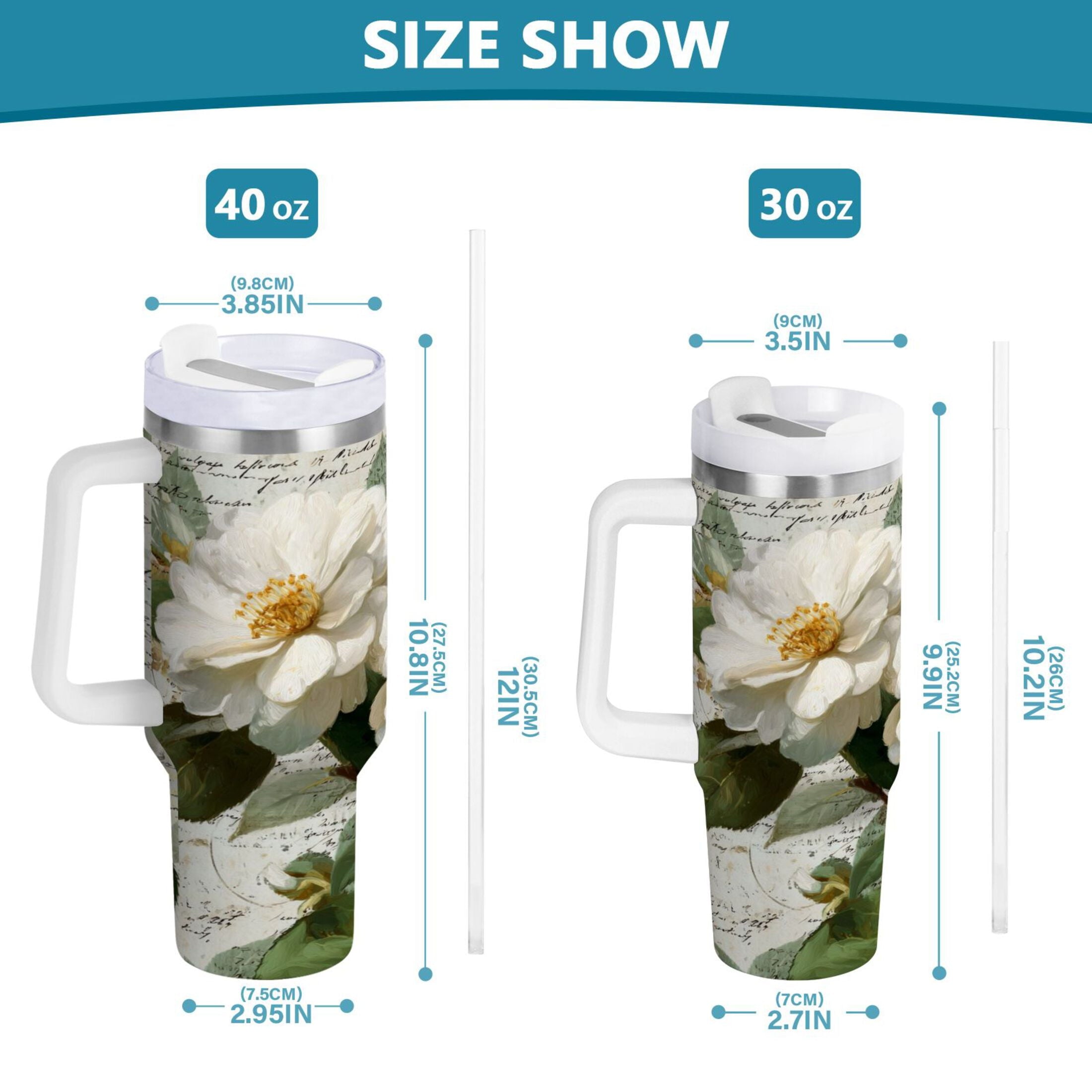 40 oz Insulated Stainless Steel Tumbler Double Wall Stainless Steel Tumbler with 2-Way Drinking Vintage White Camellias M622C