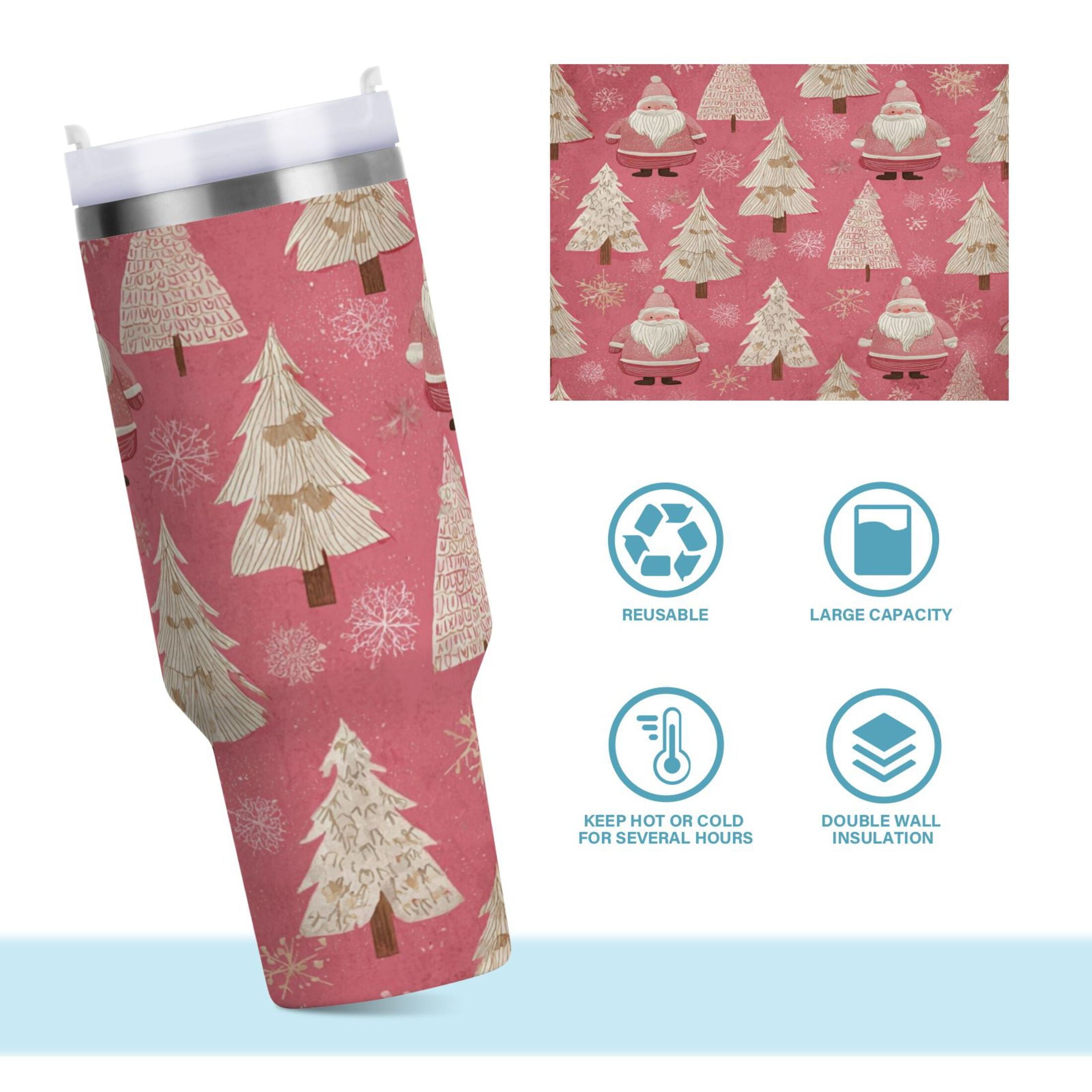 40 oz Insulated Stainless Steel Tumbler Double Wall Stainless Steel Tumbler with 2-Way Drinking Pink Santa Claus Pattern M527S