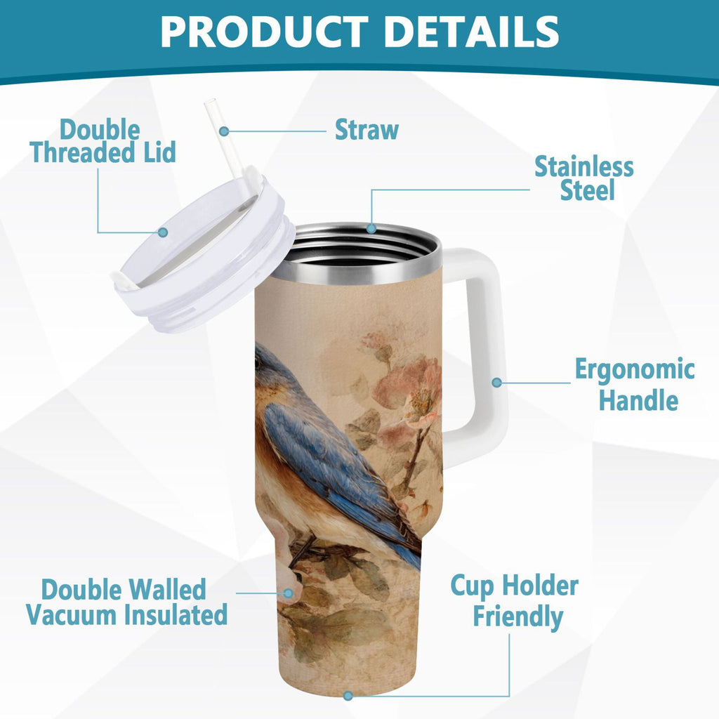 40 oz Insulated Stainless Steel Tumbler Double Wall Stainless Steel Tumbler with 2-Way Drinking Bluebird and Ancient Flowers M574V