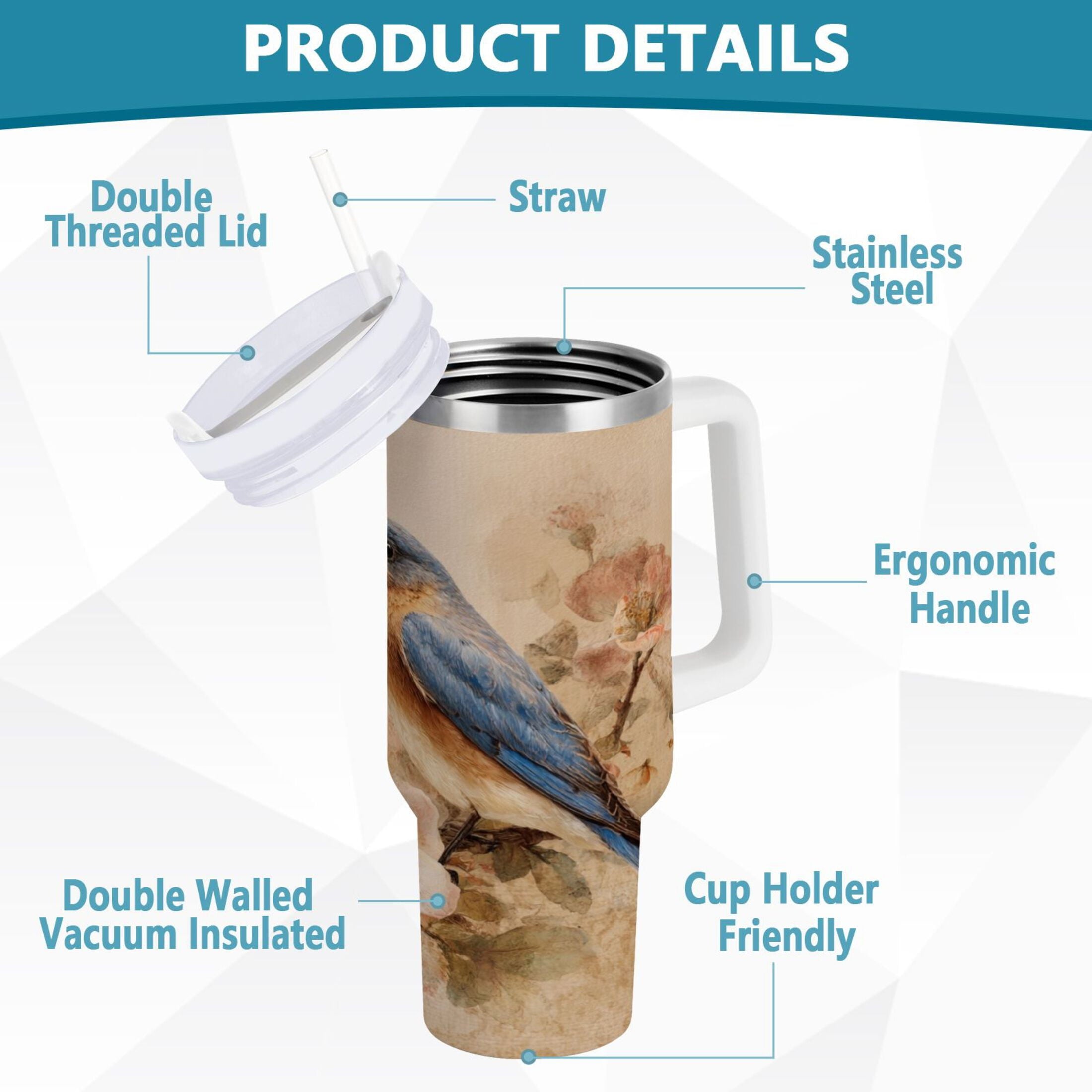 40 oz Insulated Stainless Steel Tumbler Double Wall Stainless Steel Tumbler with 2-Way Drinking Bluebird and Ancient Flowers M574V