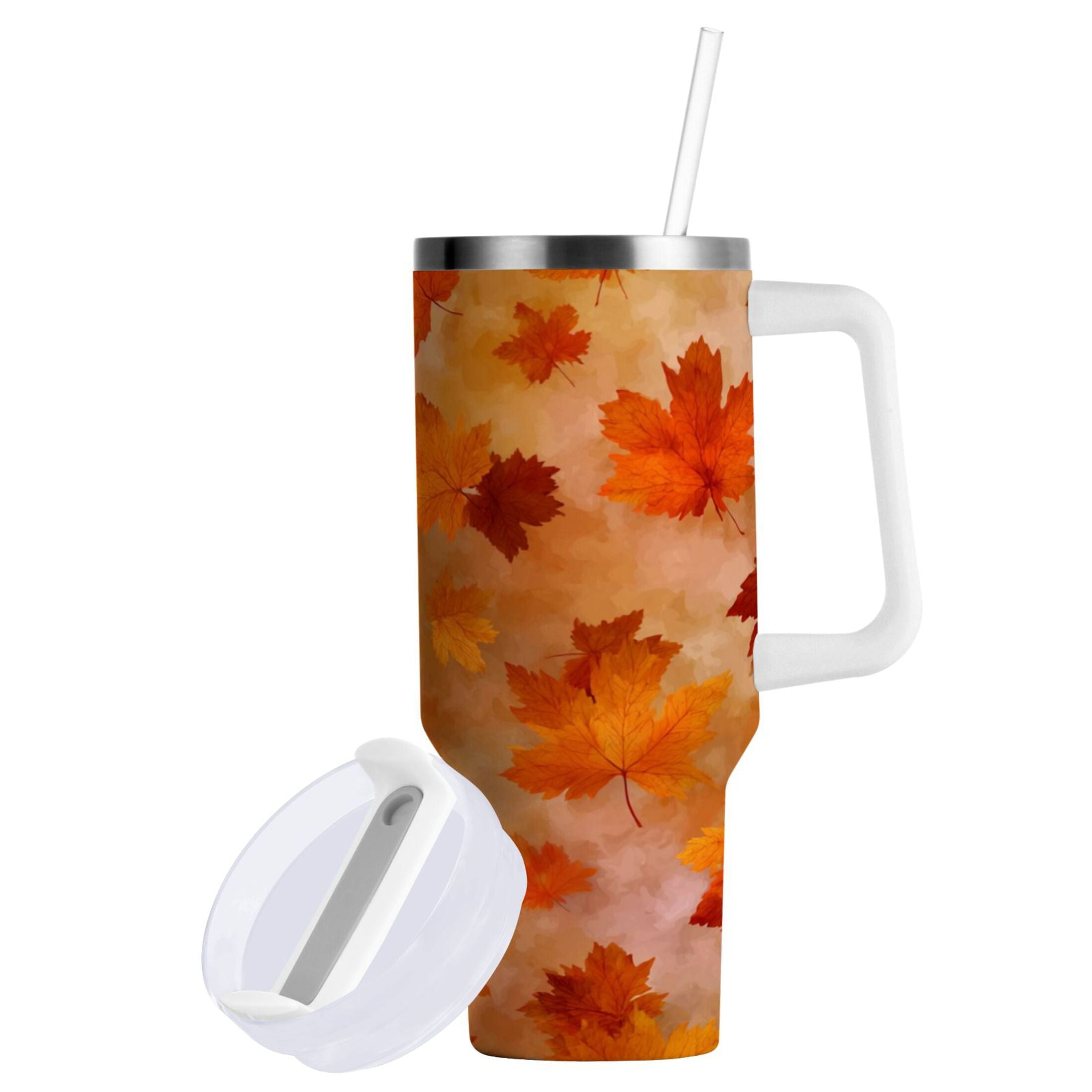 40 oz Insulated Stainless Steel Tumbler Double Wall Stainless Steel Tumbler with 2-Way Drinking Orange and Brown Autumn Leaves M481Q