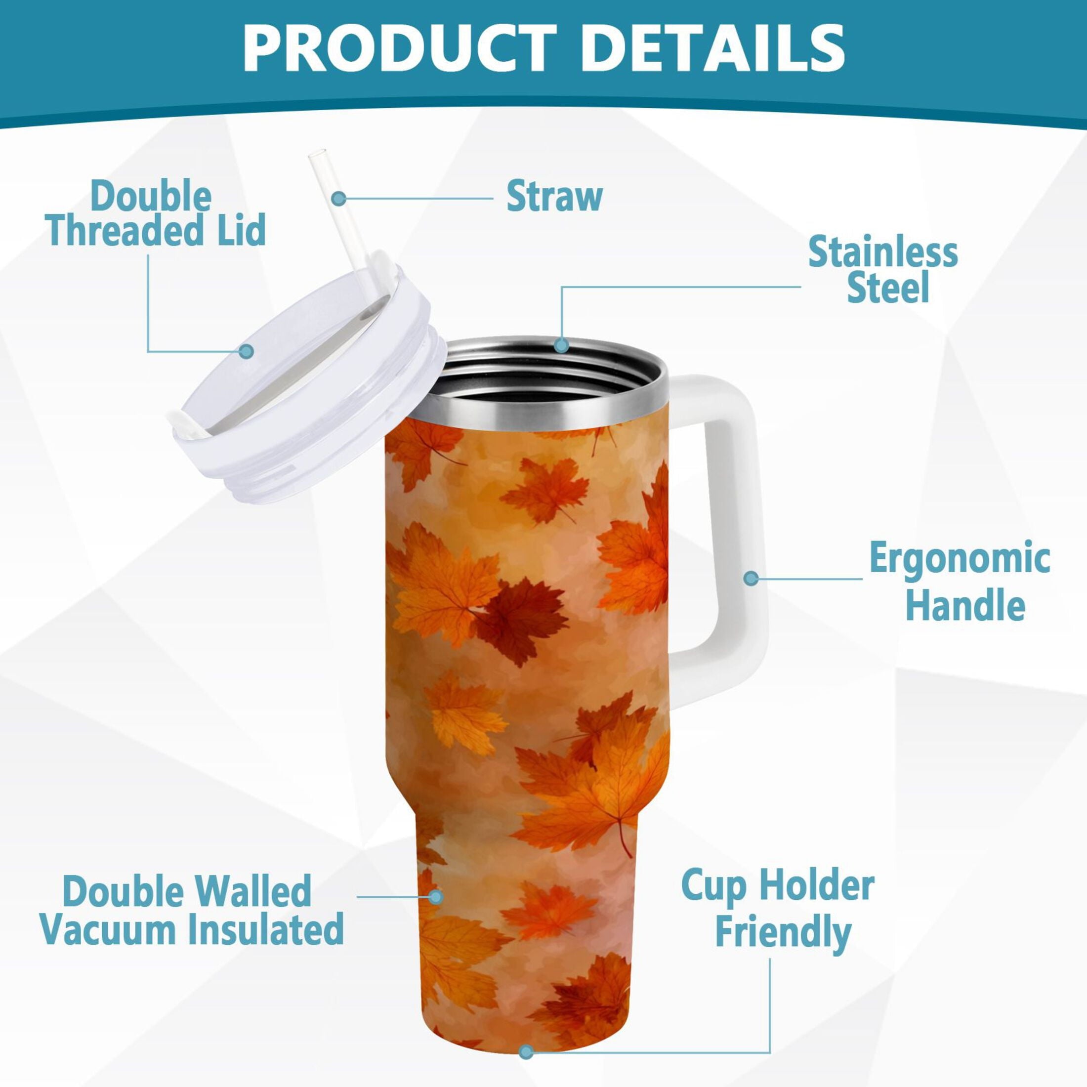 40 oz Insulated Stainless Steel Tumbler Double Wall Stainless Steel Tumbler with 2-Way Drinking Orange and Brown Autumn Leaves M481Q
