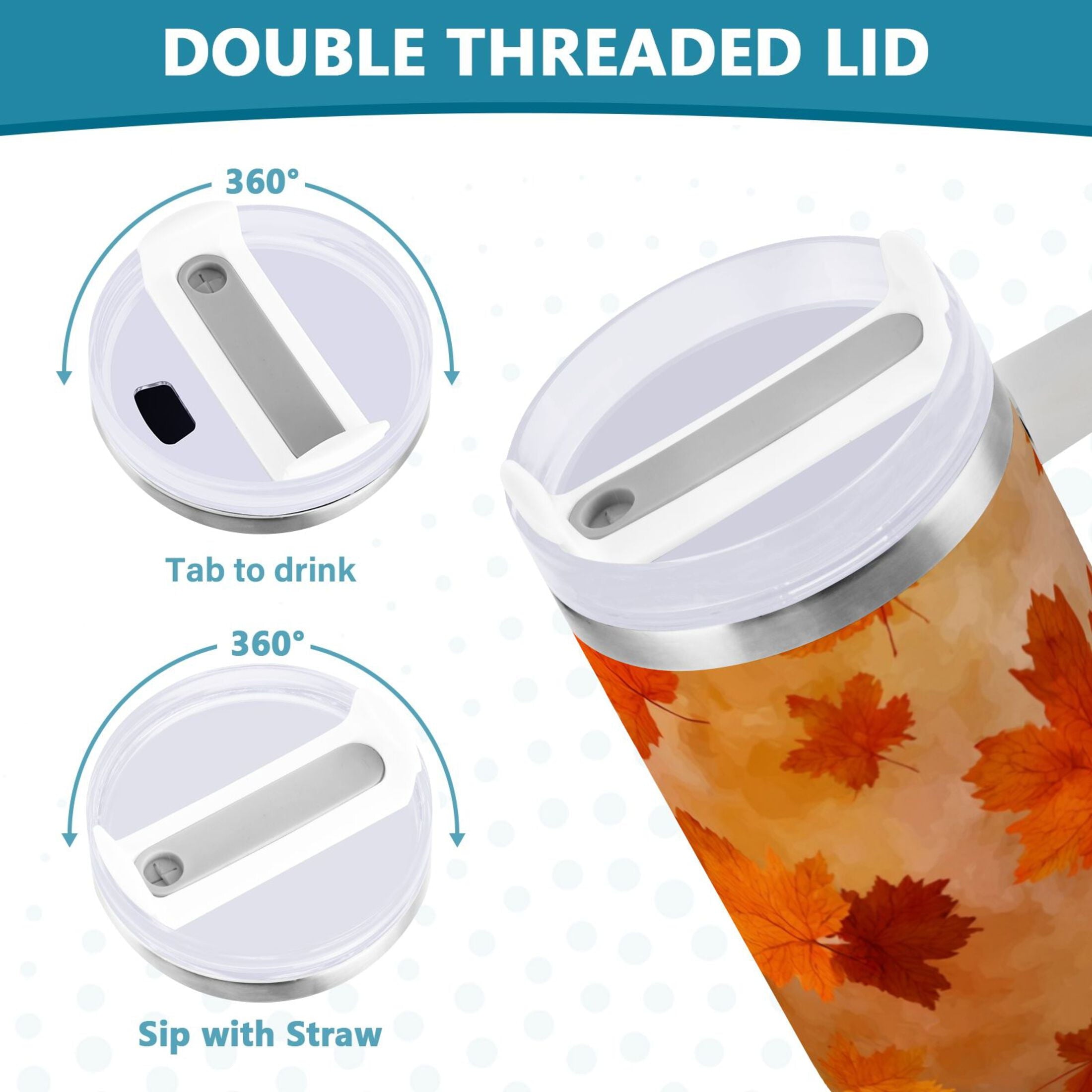 40 oz Insulated Stainless Steel Tumbler Double Wall Stainless Steel Tumbler with 2-Way Drinking Orange and Brown Autumn Leaves M481Q