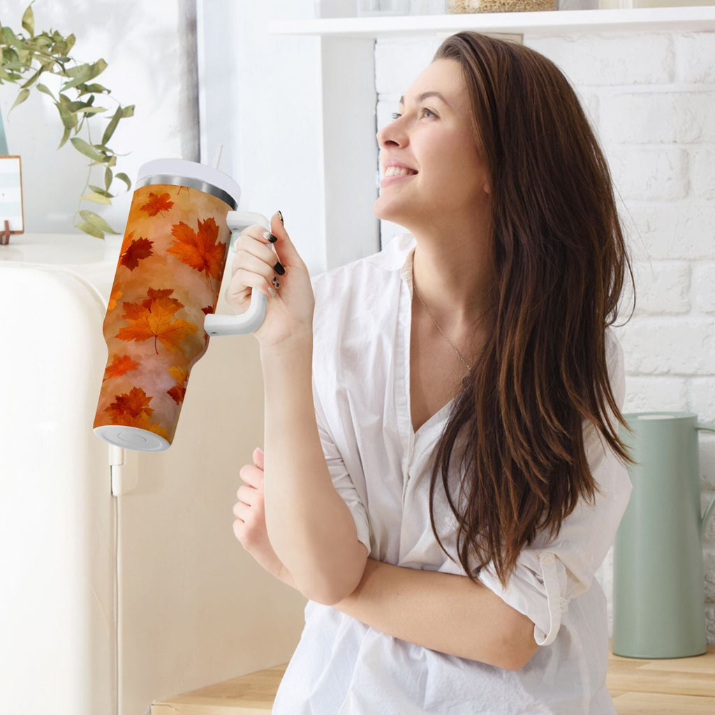 40 oz Insulated Stainless Steel Tumbler Double Wall Stainless Steel Tumbler with 2-Way Drinking Orange and Brown Autumn Leaves M481Q