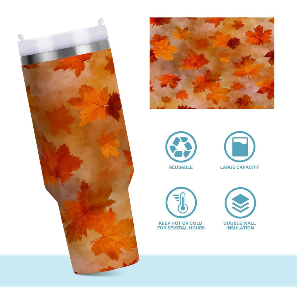40 oz Insulated Stainless Steel Tumbler Double Wall Stainless Steel Tumbler with 2-Way Drinking Orange and Brown Autumn Leaves M481Q