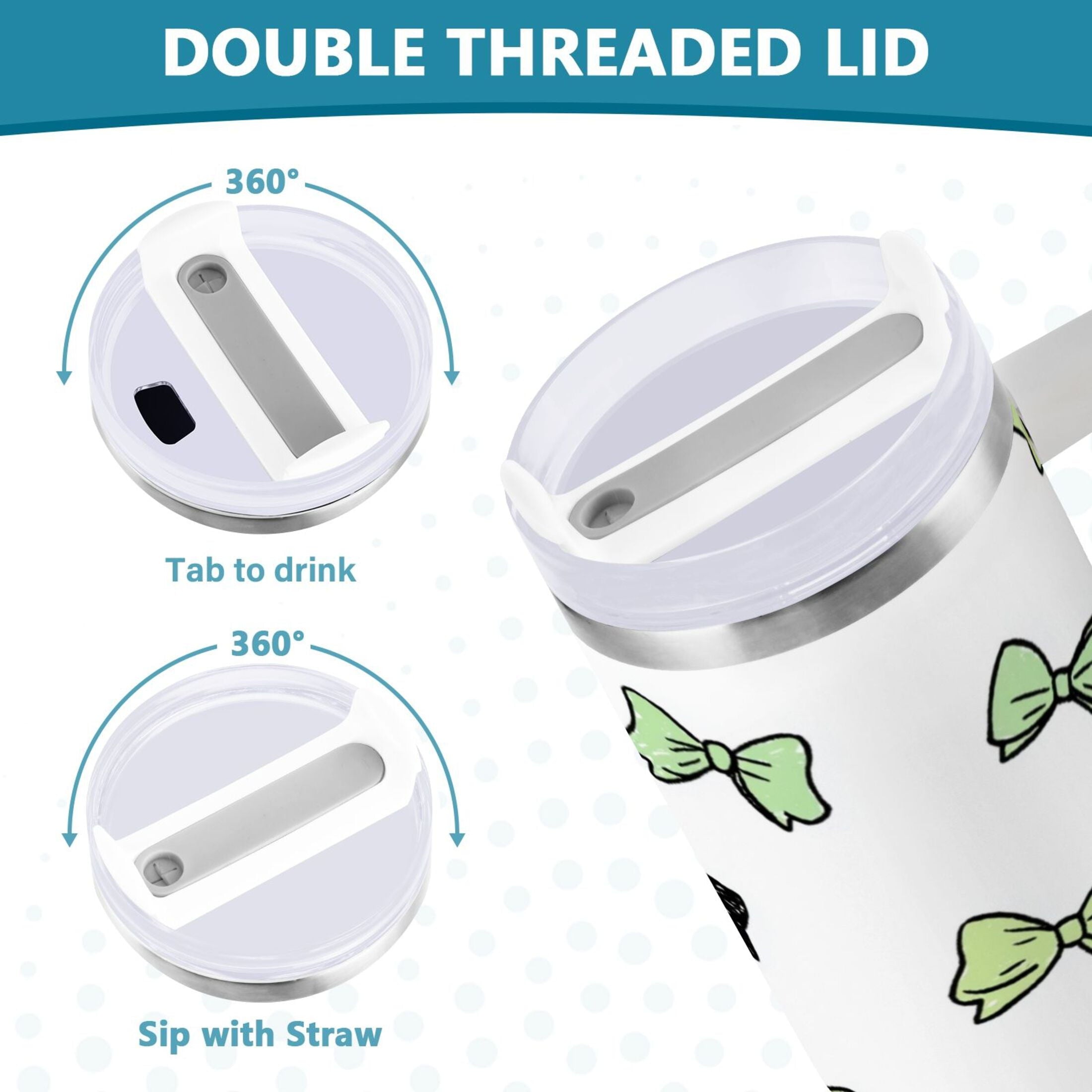 40 oz Insulated Stainless Steel Tumbler Double Wall Stainless Steel Tumbler with 2-Way Drinking Green and Black Bows M553F