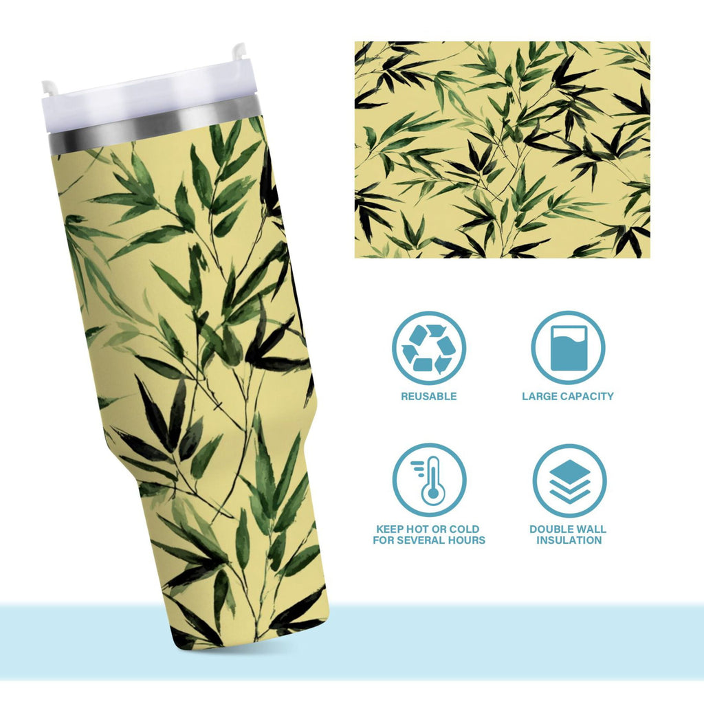 30 oz Insulated Stainless Steel Tumbler Double Wall Stainless Steel Tumbler with 2-Way Drinking Bamboo and Green Leaves M633V