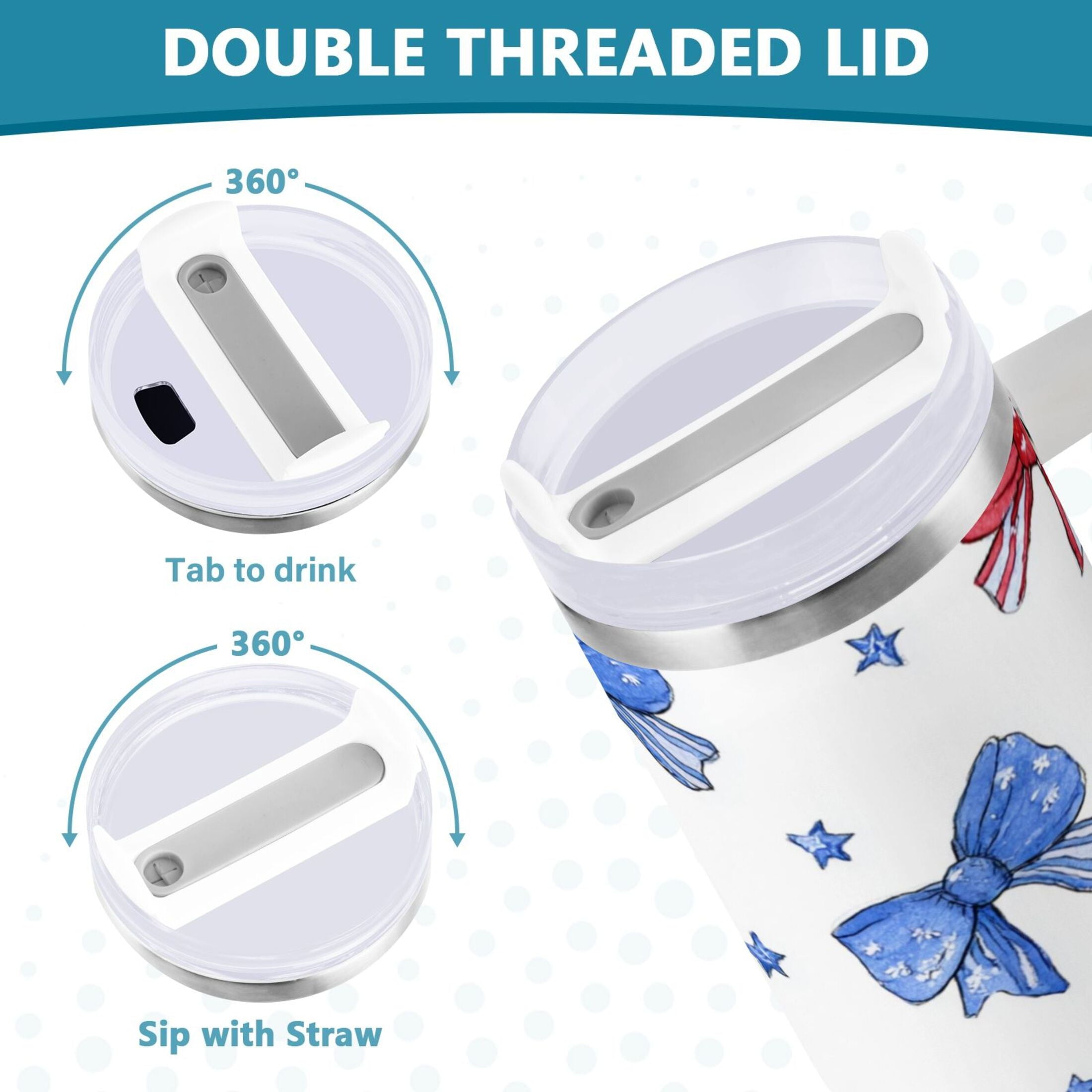 40 oz Insulated Stainless Steel Tumbler Double Wall Stainless Steel Tumbler with 2-Way Drinking Hand-drawn Bows M587S