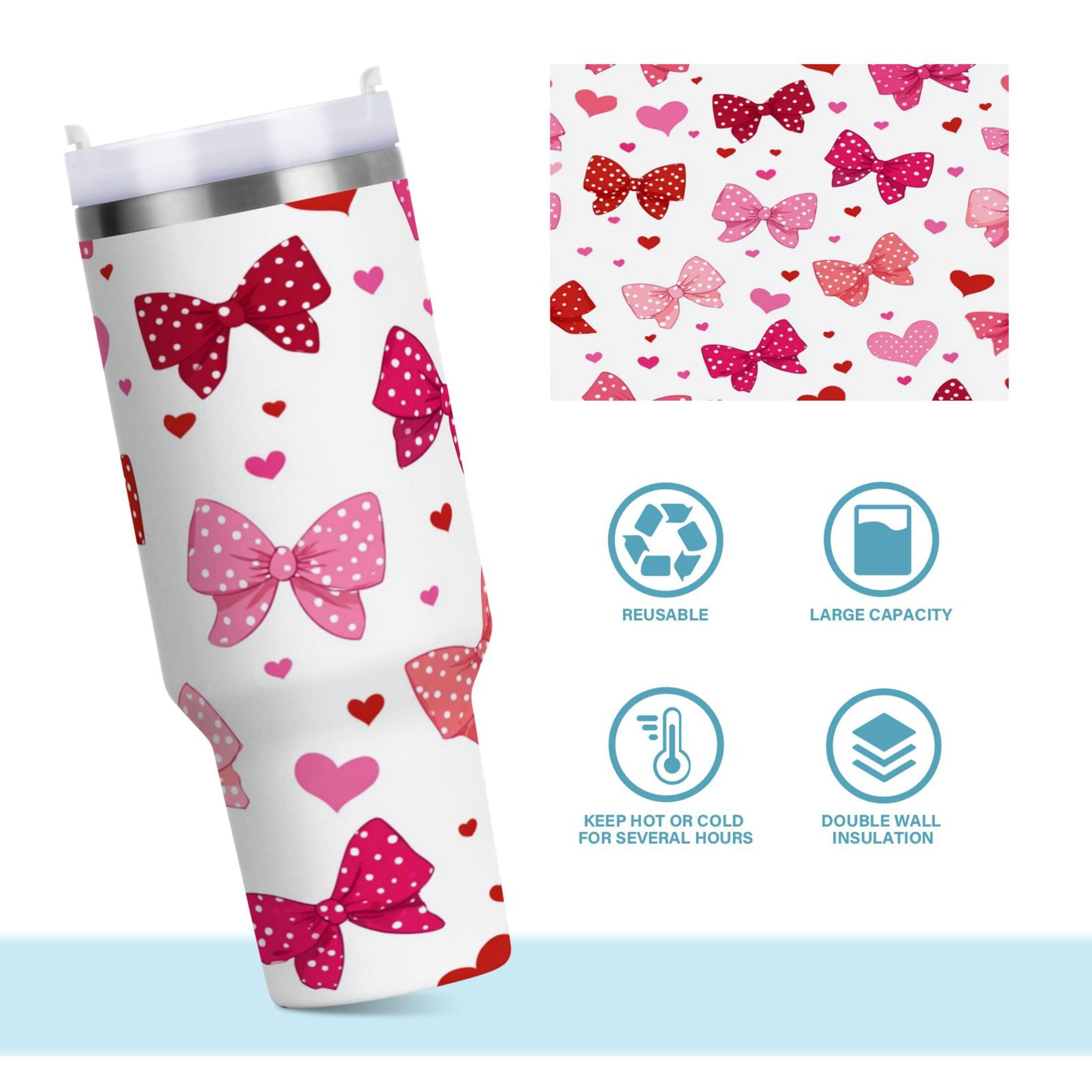 30 oz Insulated Stainless Steel Tumbler Double Wall Stainless Steel Tumbler with 2-Way Drinking Red and Pink Bows M595T