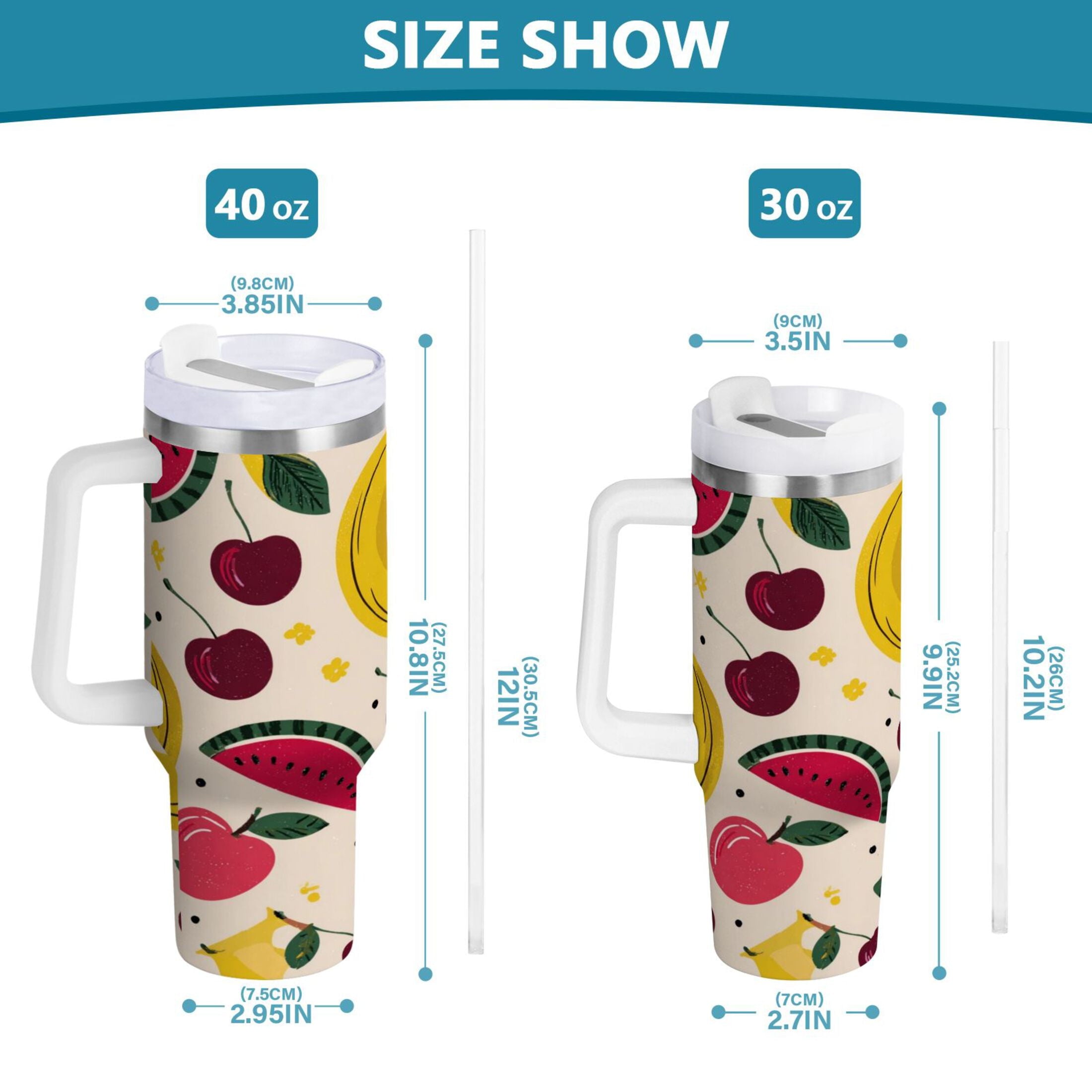 30 oz Insulated Stainless Steel Tumbler Double Wall Stainless Steel Tumbler with 2-Way Drinking Watermelon and Cherries M579R