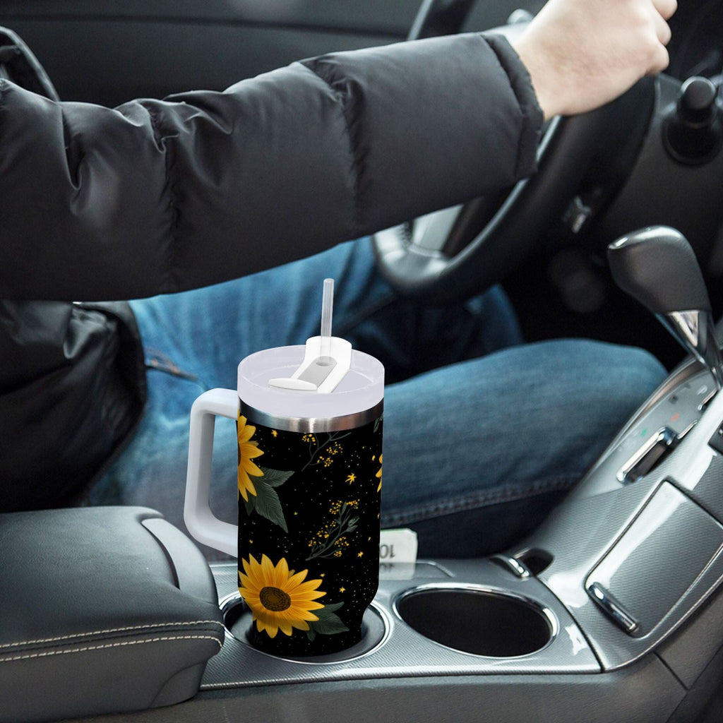 30 oz Insulated Stainless Steel Tumbler Double Wall Stainless Steel Tumbler with 2-Way Drinking Yellow Sunflower Pattern M532K