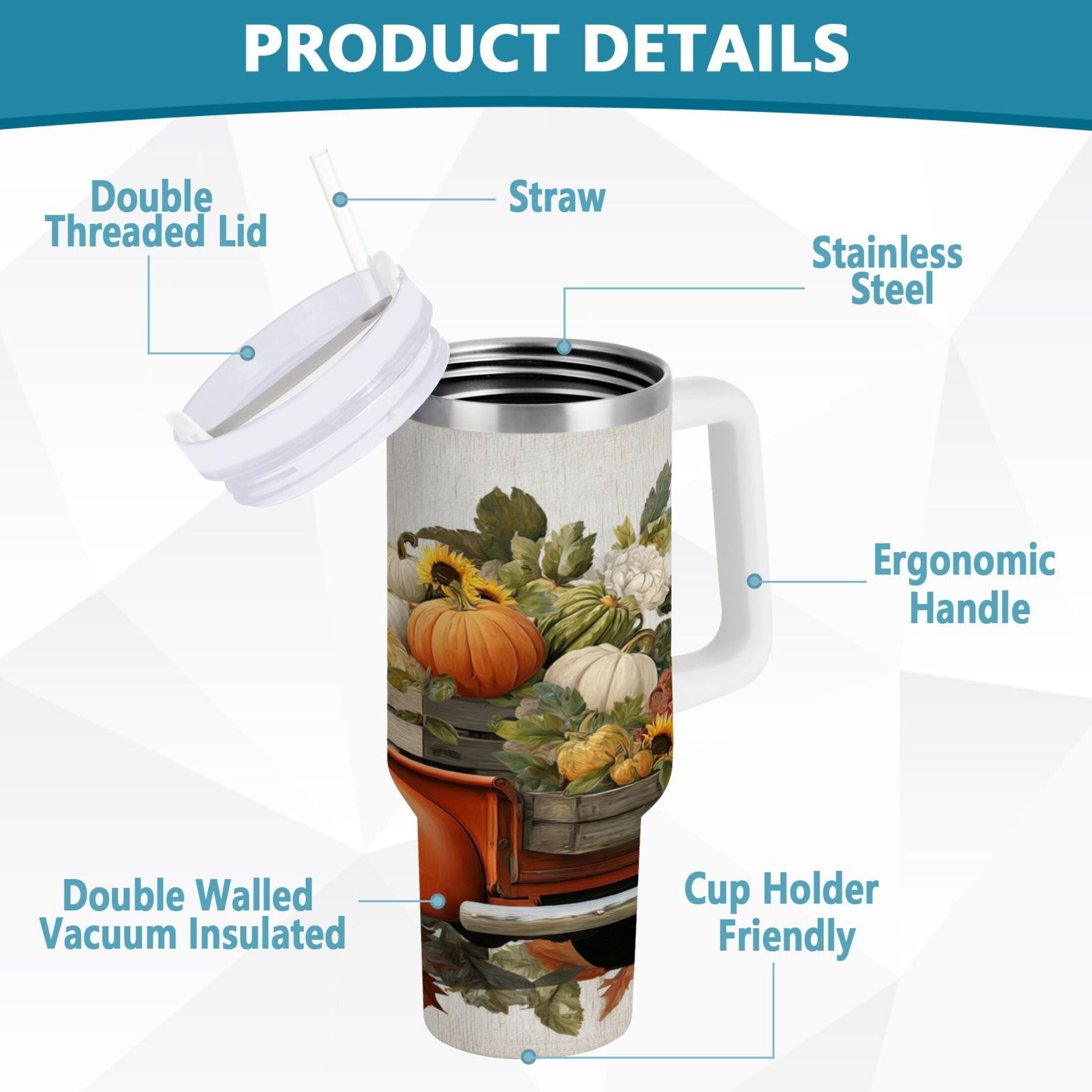 40 oz Insulated Stainless Steel Tumbler Double Wall Stainless Steel Tumbler with 2-Way Drinking Truck Full Of Pumpkins M650K