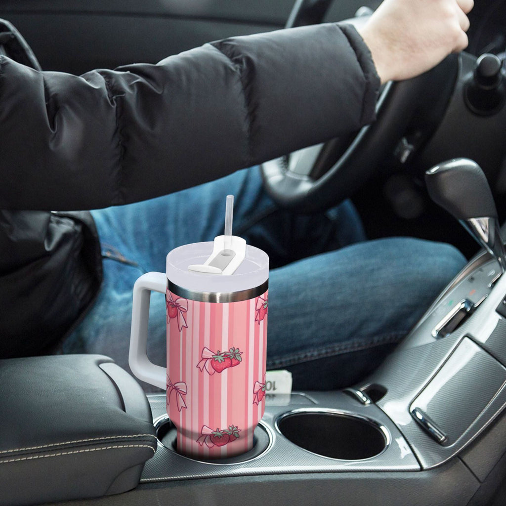 30 oz Insulated Stainless Steel Tumbler Double Wall Stainless Steel Tumbler with 2-Way Drinking Pink Bows and Strawberries M628H