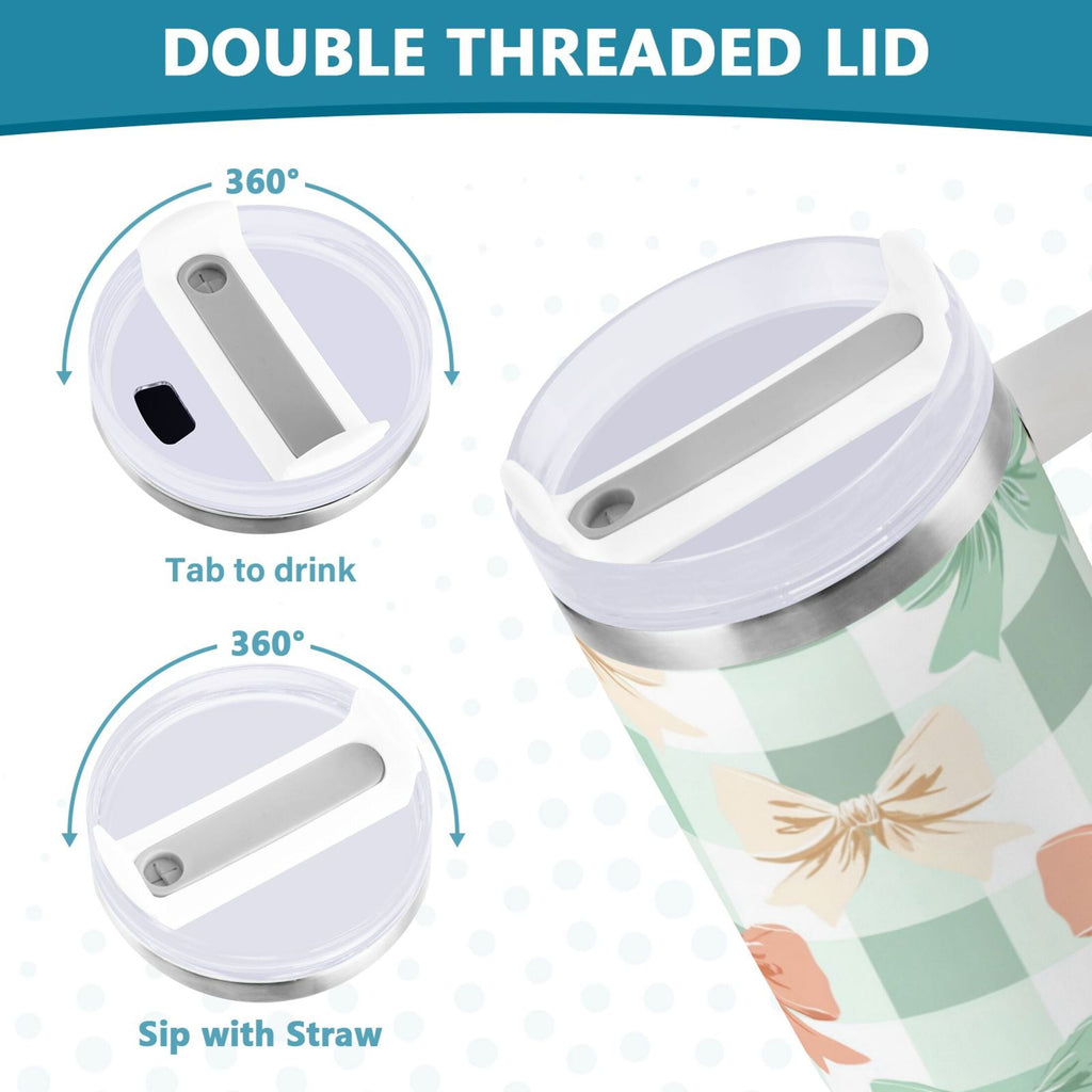 40 oz Insulated Stainless Steel Tumbler Double Wall Stainless Steel Tumbler with 2-Way Drinking Green and Peach Bow Pattern M544Y