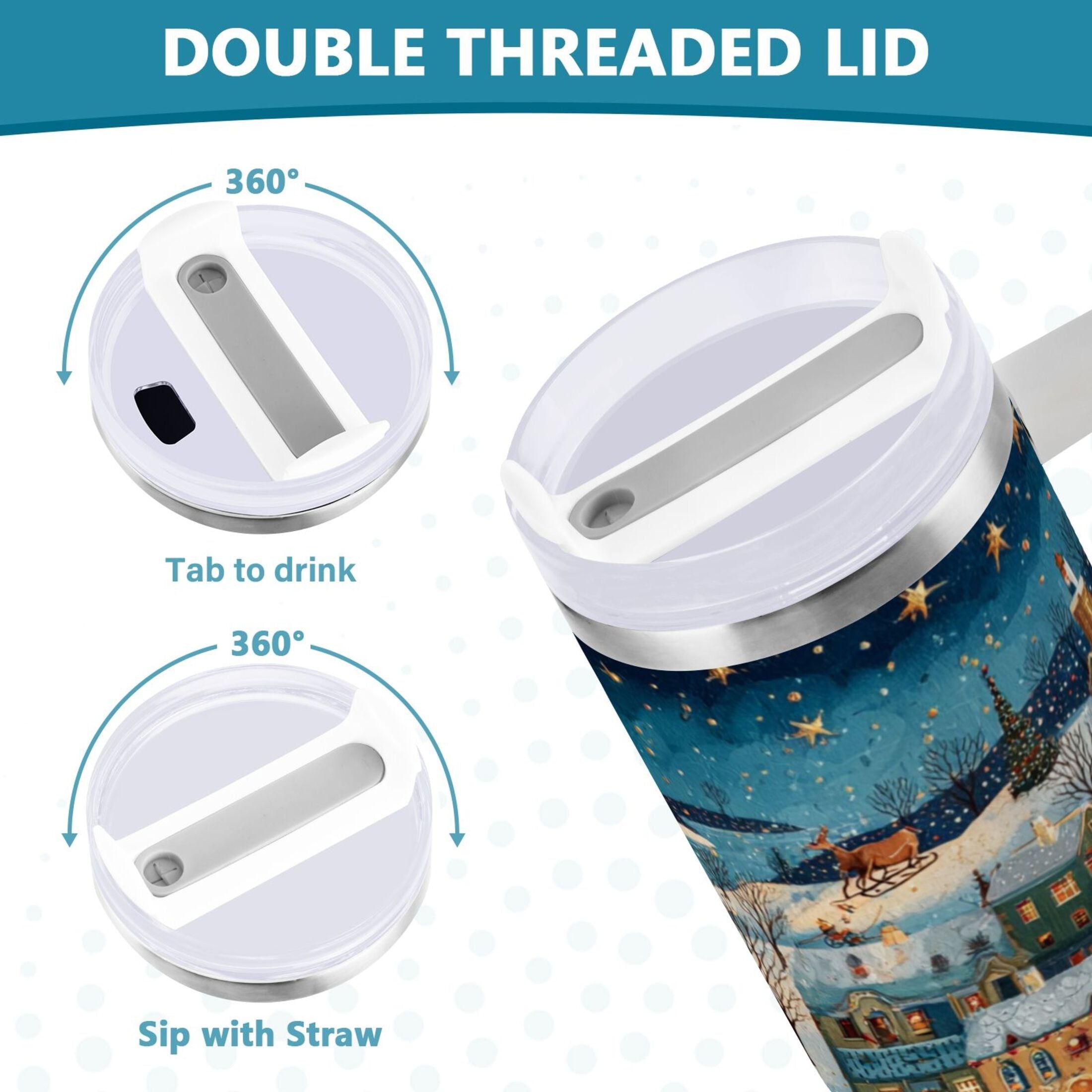 30 oz Insulated Stainless Steel Tumbler Double Wall Stainless Steel Tumbler with 2-Way Drinking Whimsical Christmas Scene M545Q