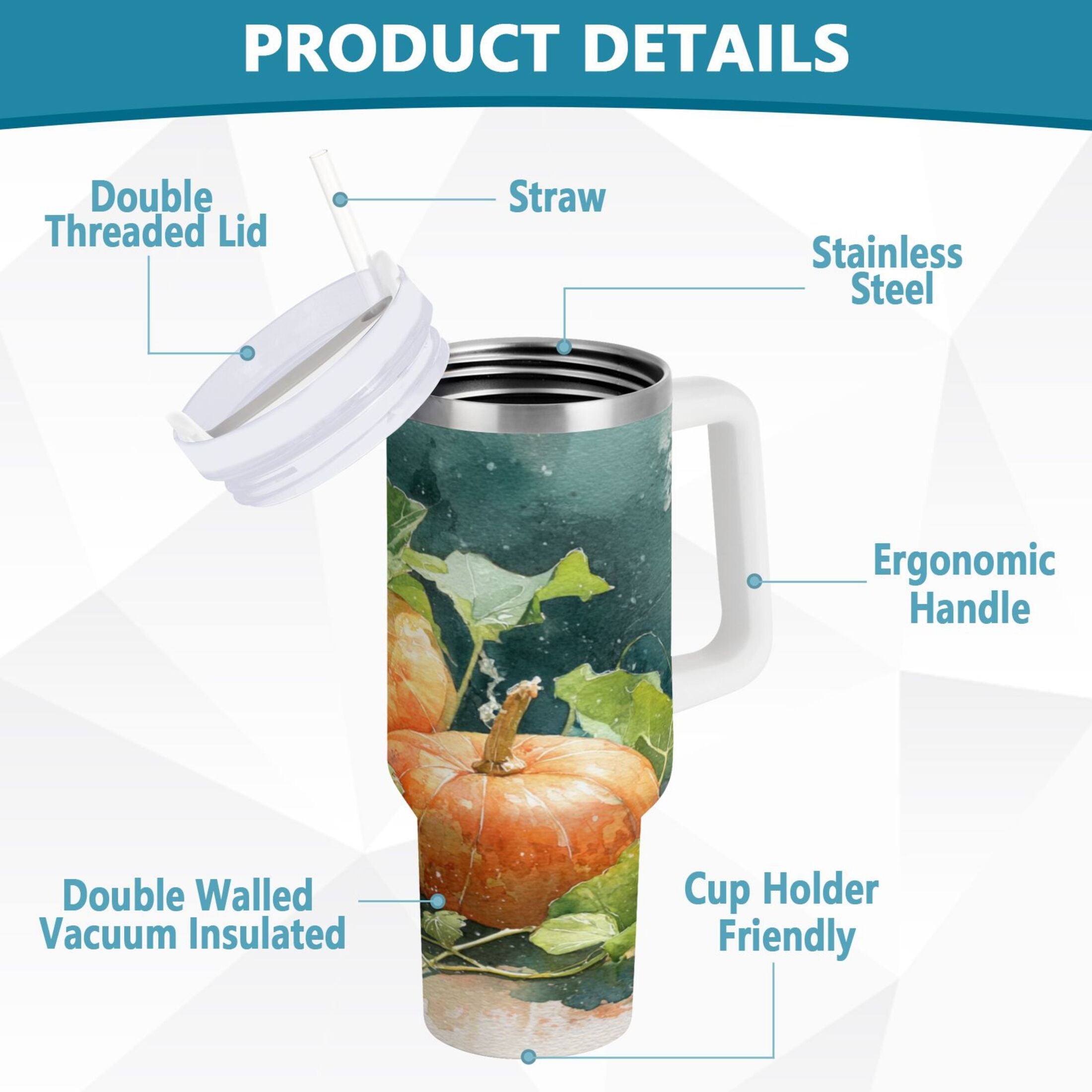 40 oz Insulated Stainless Steel Tumbler Double Wall Stainless Steel Tumbler with 2-Way Drinking Orange and White Pumpkins M535T