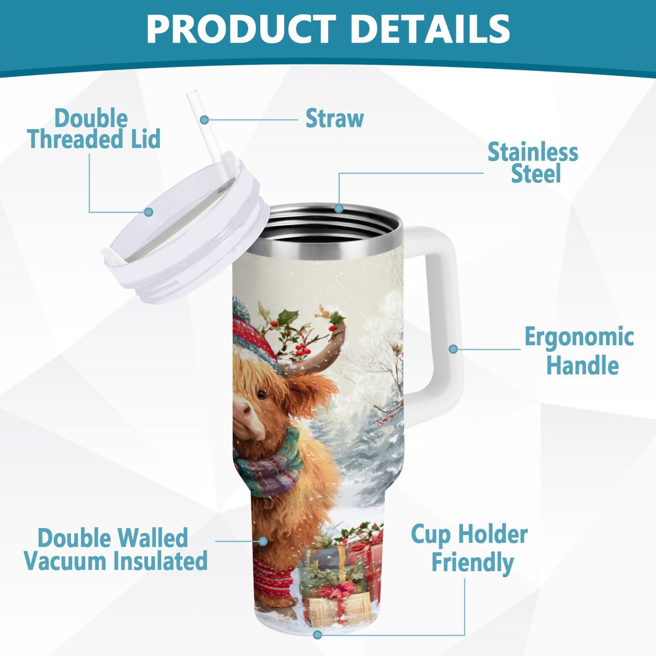 30 oz Insulated Stainless Steel Tumbler Double Wall Stainless Steel Tumbler with 2-Way Drinking Cow Wearing Christmas Hat M681C