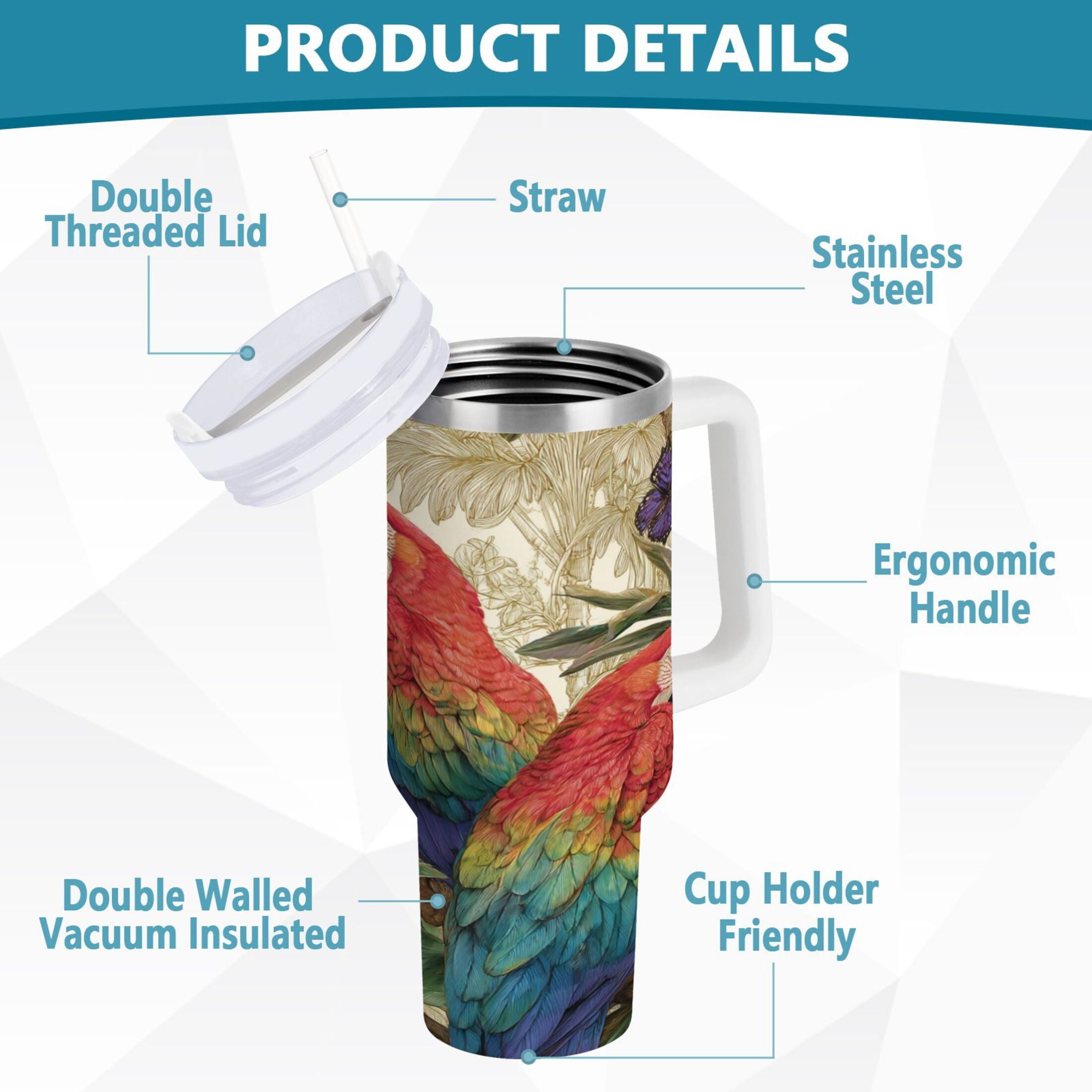 30 oz Insulated Stainless Steel Tumbler Double Wall Stainless Steel Tumbler with 2-Way Drinking Colorful Beautiful Parrots M520C