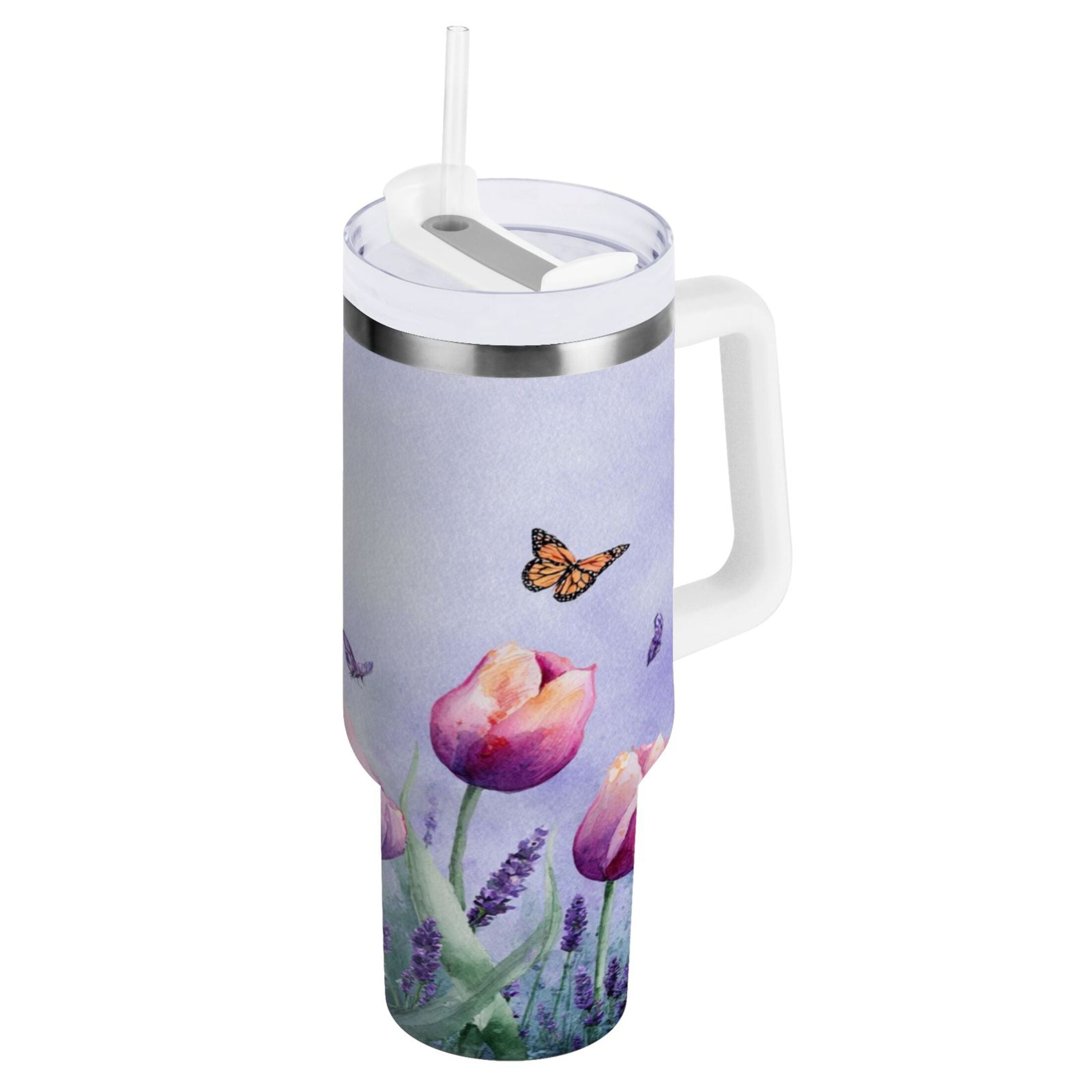 30 oz Insulated Stainless Steel Tumbler Double Wall Stainless Steel Tumbler with 2-Way Drinking Watercolor Tulips and Lavender M487F
