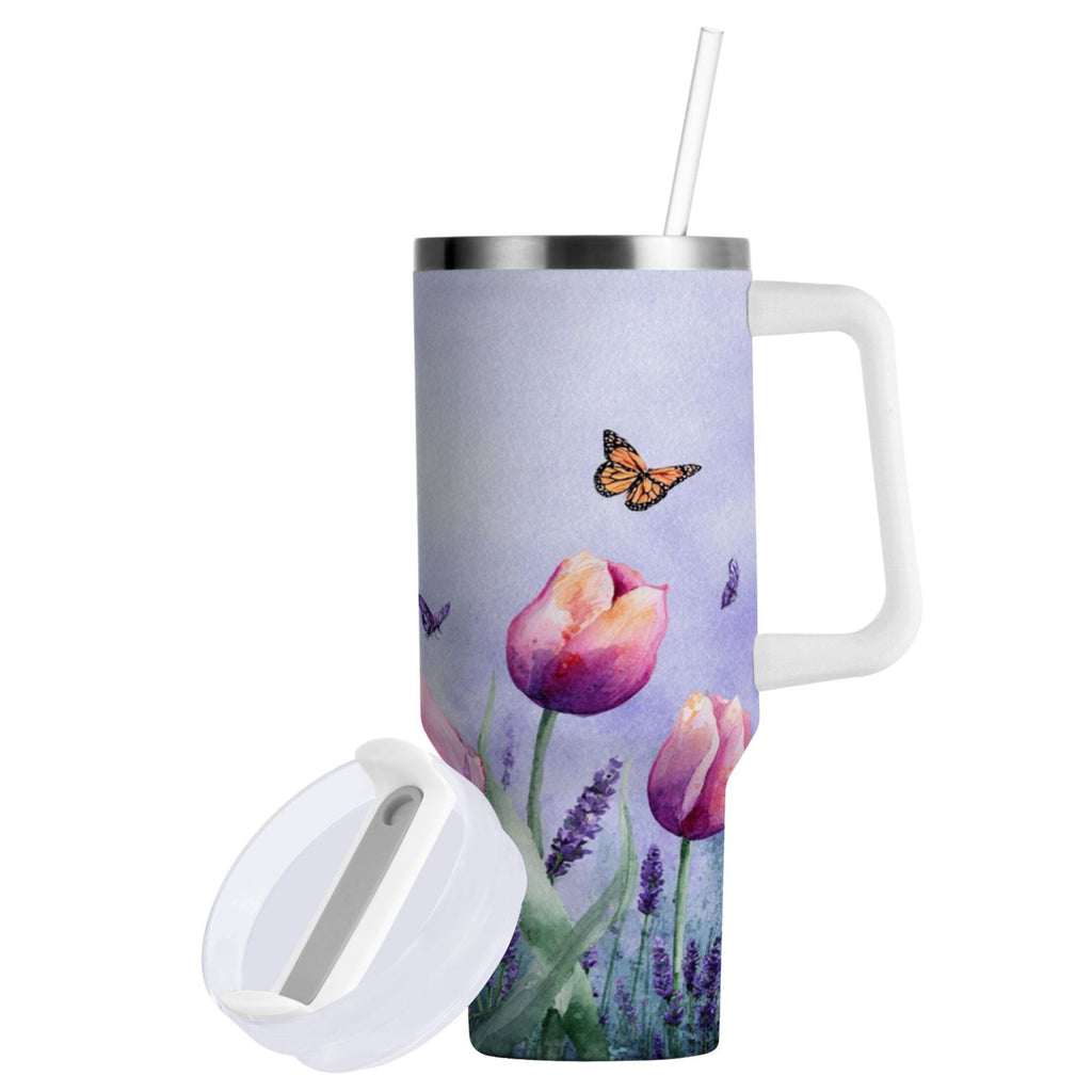 30 oz Insulated Stainless Steel Tumbler Double Wall Stainless Steel Tumbler with 2-Way Drinking Watercolor Tulips and Lavender M487F