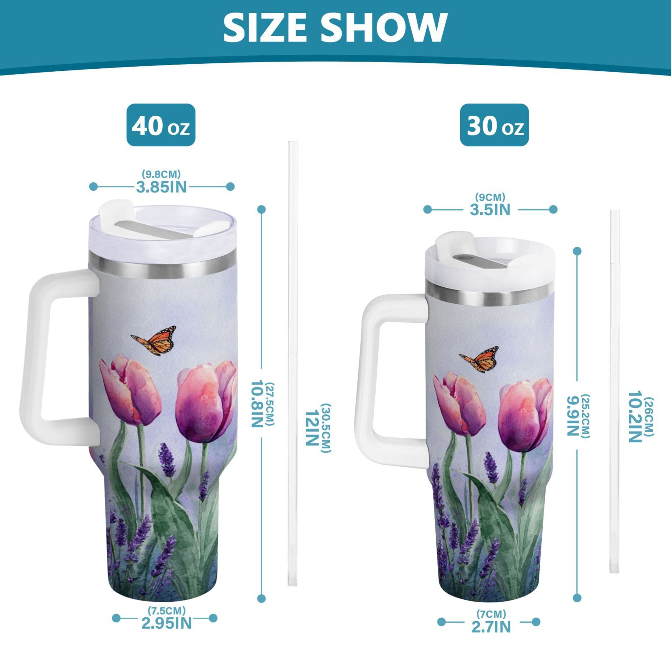 30 oz Insulated Stainless Steel Tumbler Double Wall Stainless Steel Tumbler with 2-Way Drinking Watercolor Tulips and Lavender M487F