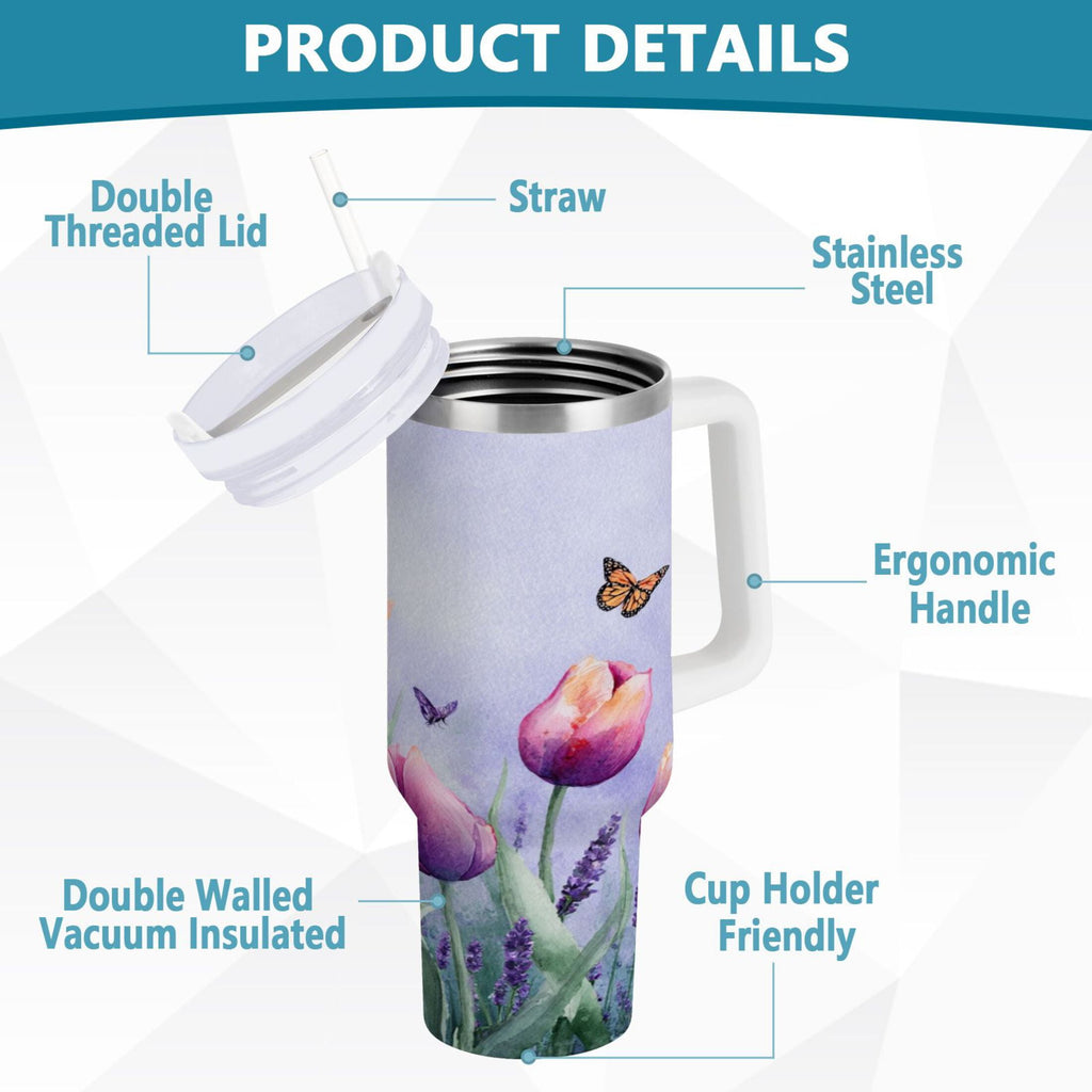30 oz Insulated Stainless Steel Tumbler Double Wall Stainless Steel Tumbler with 2-Way Drinking Watercolor Tulips and Lavender M487F