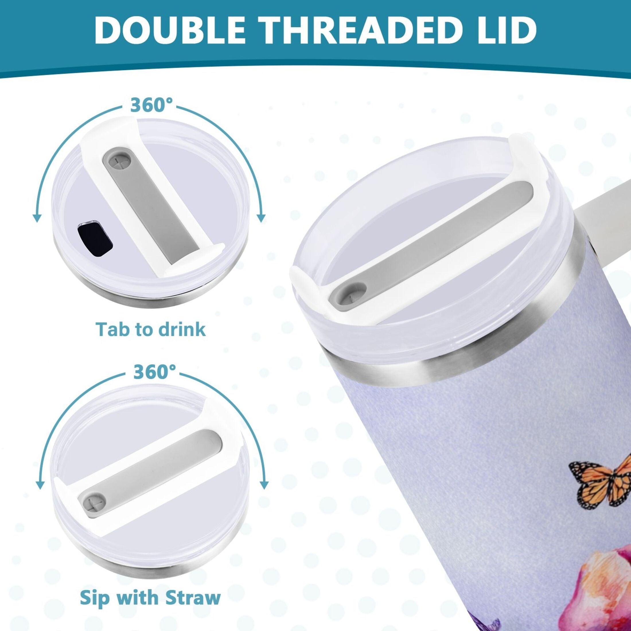 30 oz Insulated Stainless Steel Tumbler Double Wall Stainless Steel Tumbler with 2-Way Drinking Watercolor Tulips and Lavender M487F