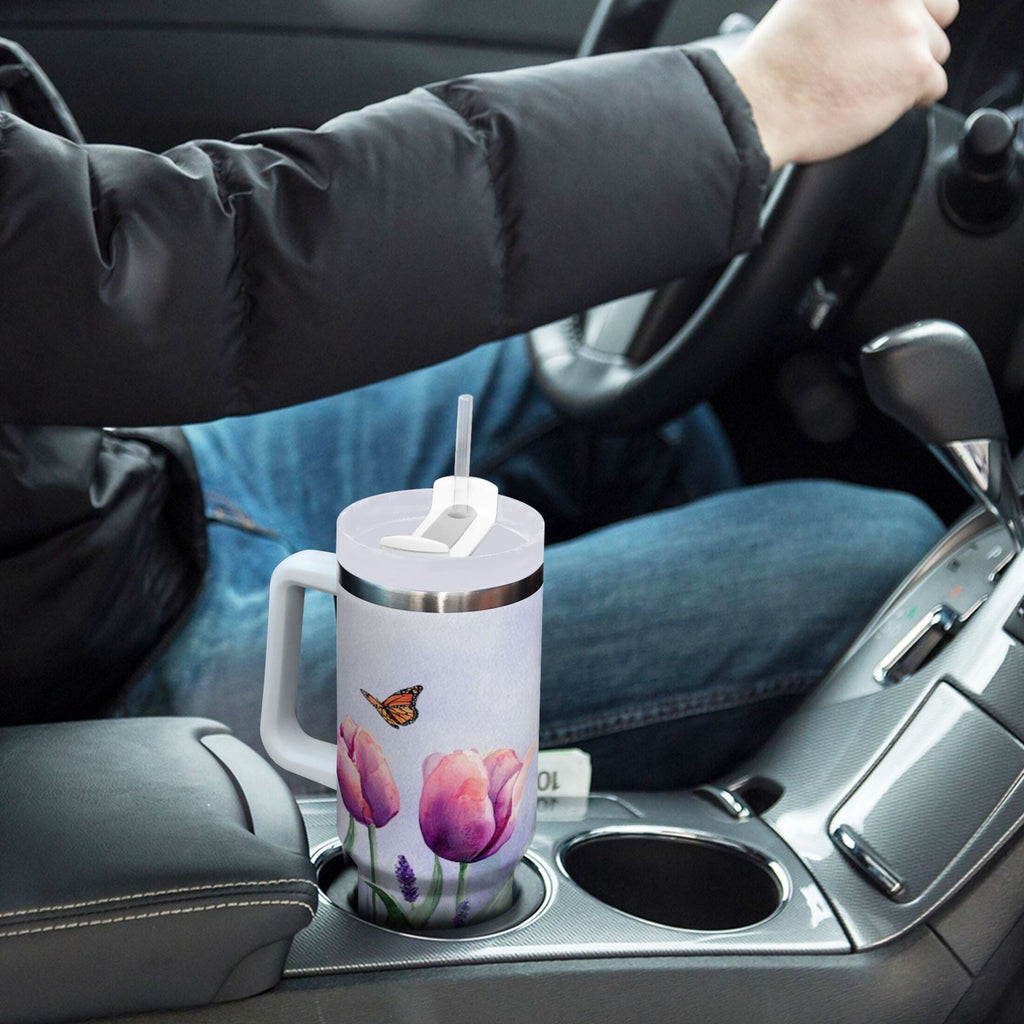 30 oz Insulated Stainless Steel Tumbler Double Wall Stainless Steel Tumbler with 2-Way Drinking Watercolor Tulips and Lavender M487F