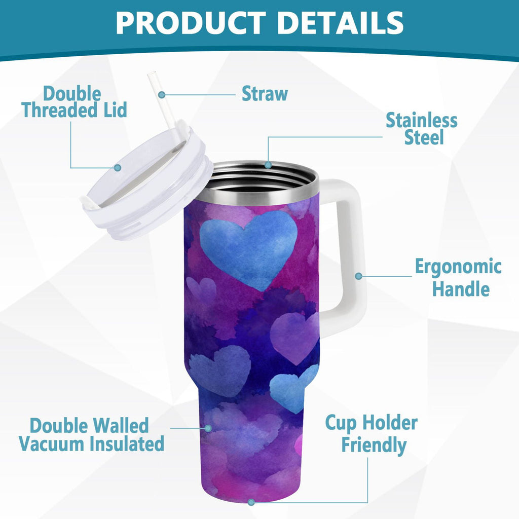 30 oz Insulated Stainless Steel Tumbler Double Wall Stainless Steel Tumbler with 2-Way Drinking Indigo and Violet Hearts M479S