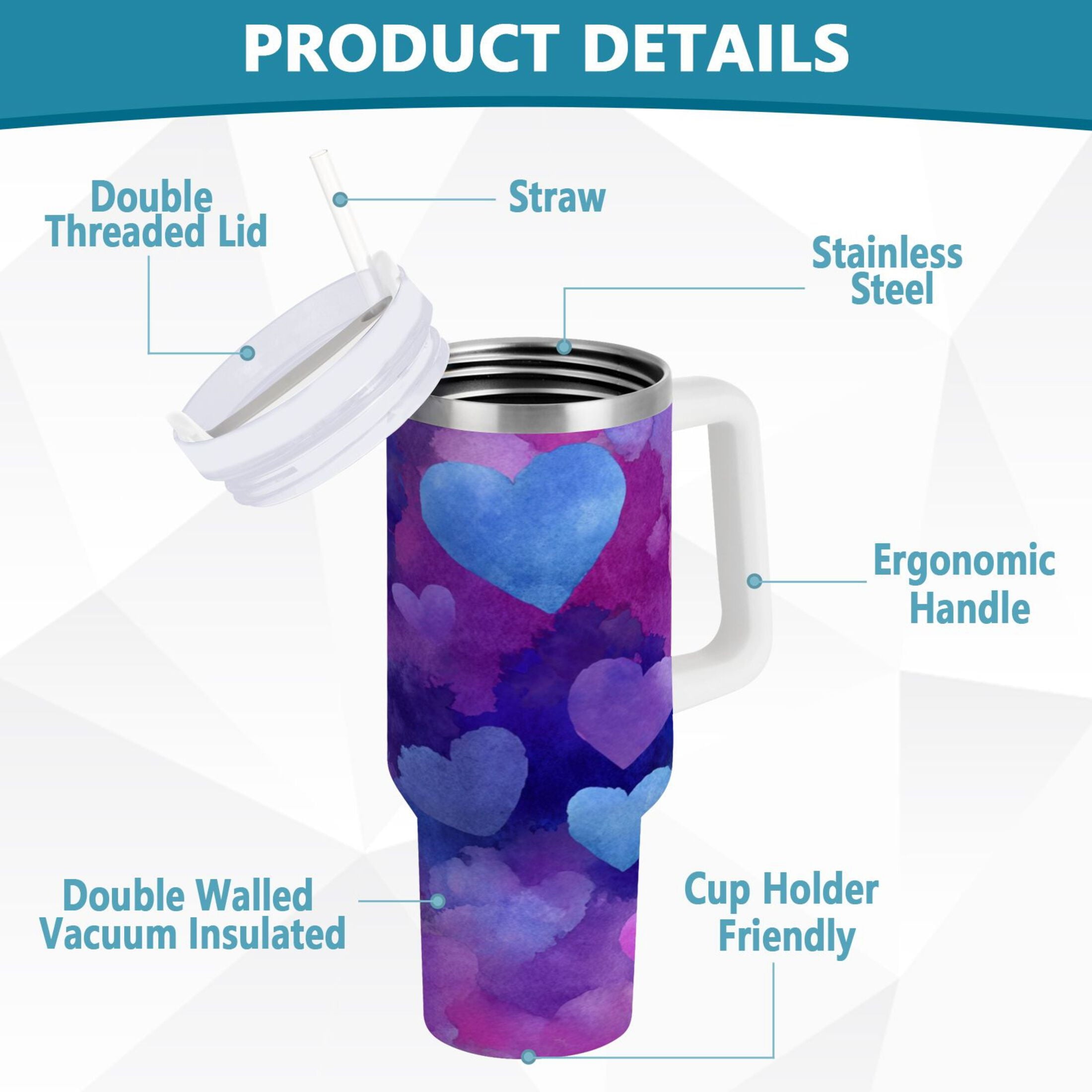 30 oz Insulated Stainless Steel Tumbler Double Wall Stainless Steel Tumbler with 2-Way Drinking Indigo and Violet Hearts M479S