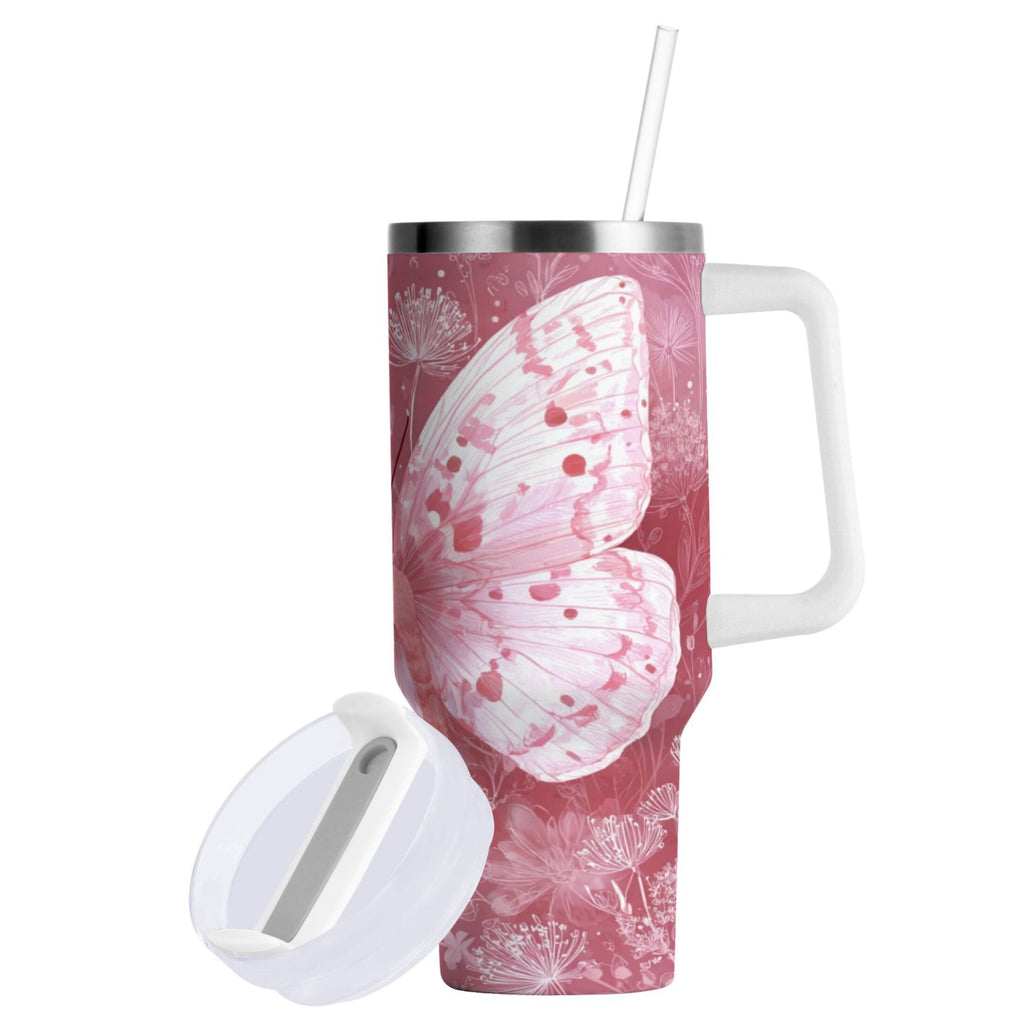 30 oz Insulated Stainless Steel Tumbler Double Wall Stainless Steel Tumbler with 2-Way Drinking Soft Pink Butterfly M561T