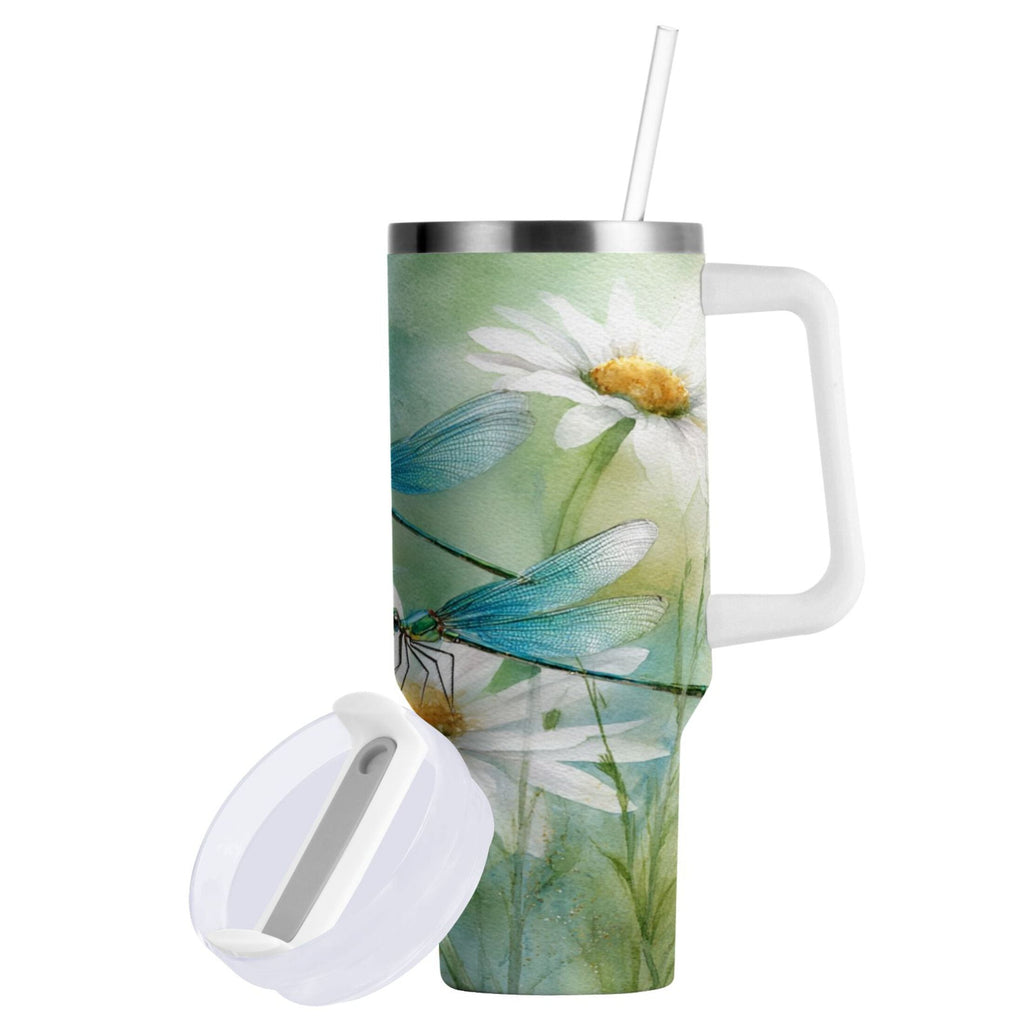 30 oz Insulated Stainless Steel Tumbler Double Wall Stainless Steel Tumbler with 2-Way Drinking Beautiful Dragonflies and Daisies M638L