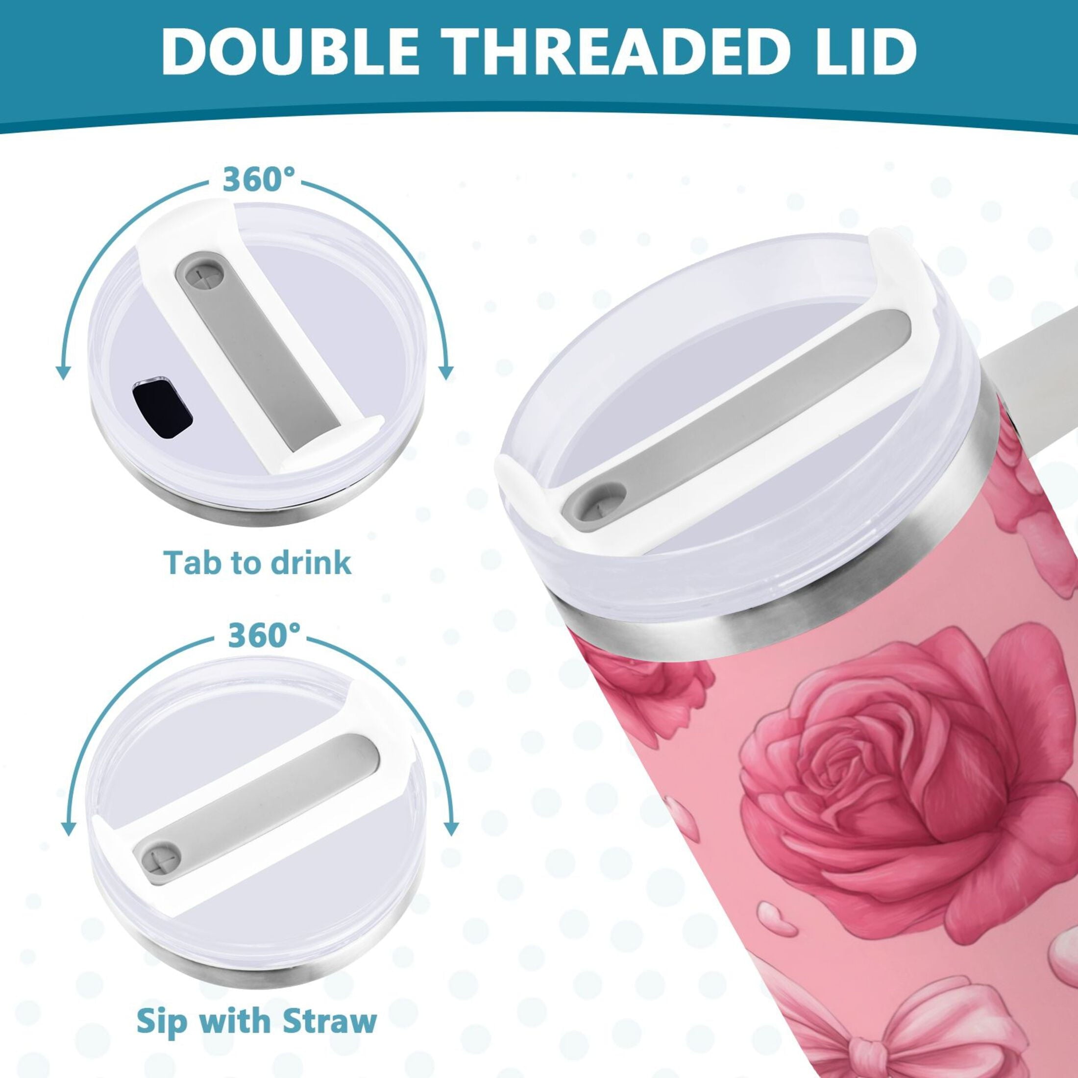 40 oz Insulated Stainless Steel Tumbler Double Wall Stainless Steel Tumbler with 2-Way Drinking Roses and Bows Pattern M661R